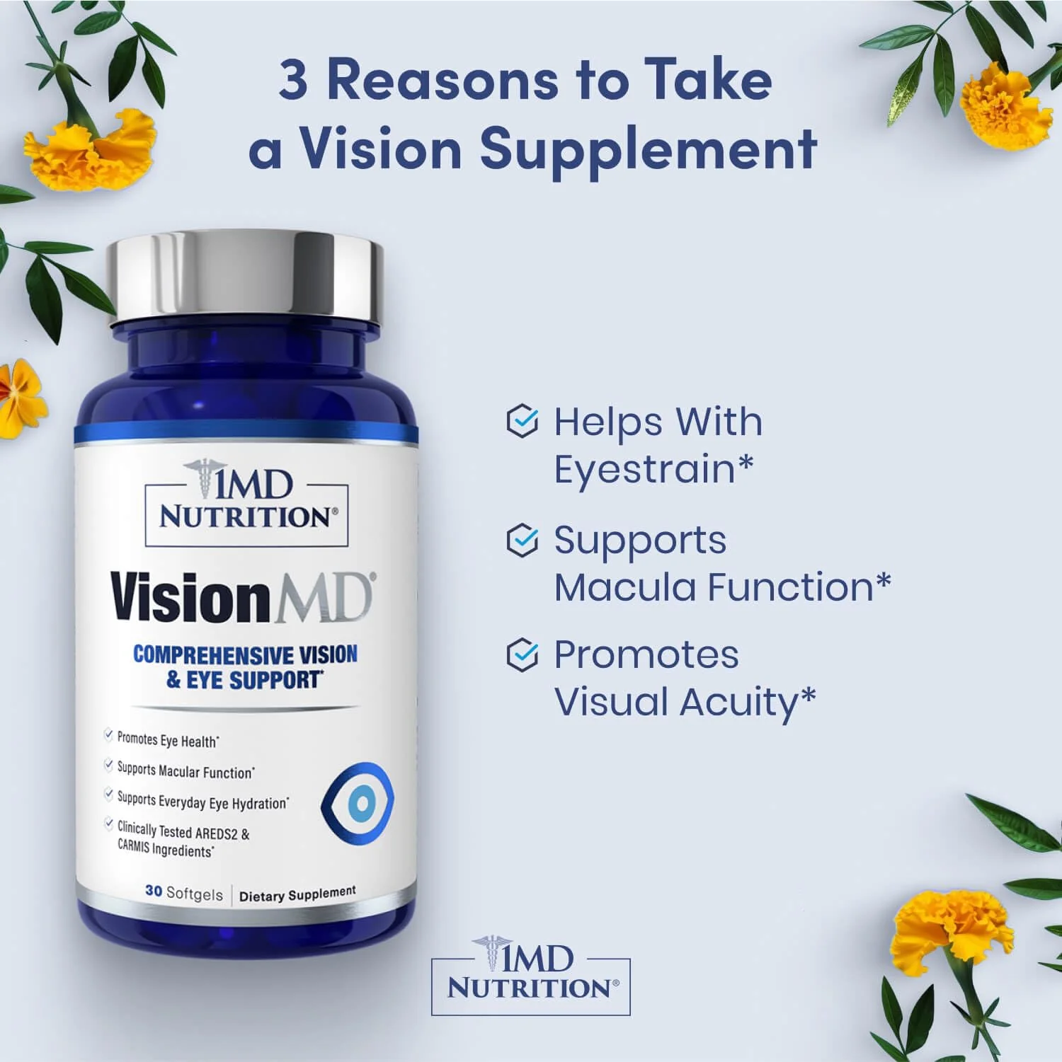 1MD Nutrition VisionMD Eye Vitamin CARMIS - Eye Supplement for Adults - with OptiLut Lutein & Zeaxanthin - Supports Vision Health Care, Everyday Eye Strain, & Occasional Dry Eye - 30 Softgels - Image 9