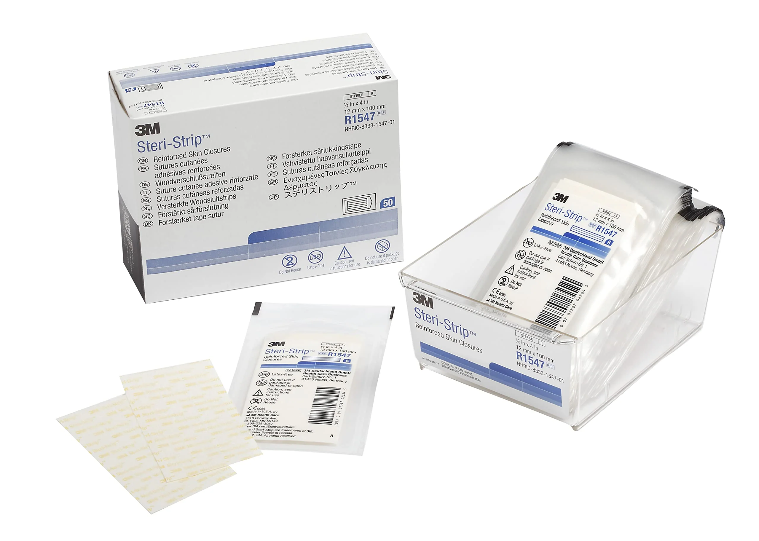 3M™ Steri-Strip™ Reinforced Adhesive Skin Closures, R1547, 1/2 in x 4 in (12 mm x 100 mm), 50 Bag/Carton, 4 Carton/Case