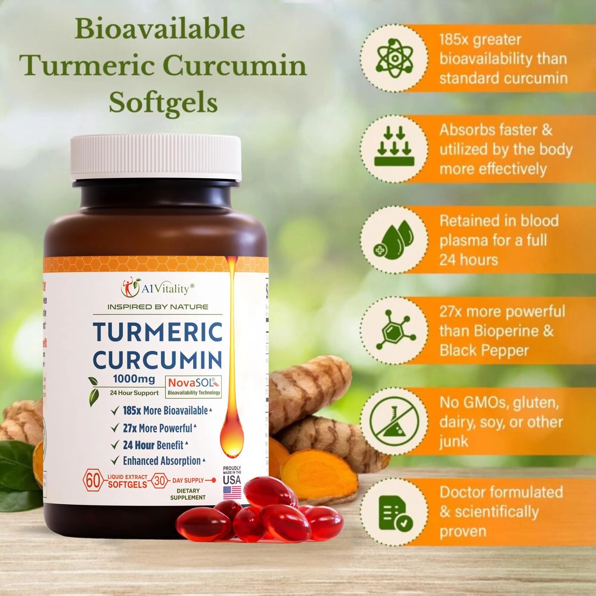 A1Vitality NovaSOL Turmeric Curcumin 1000mg – Clinically Proven 185x Higher Absorption – Promotes Joint Comfort, Mobility & Overall Wellness – Non-GMO, Doctor Formulated, 60 Softgels. - Image 5
