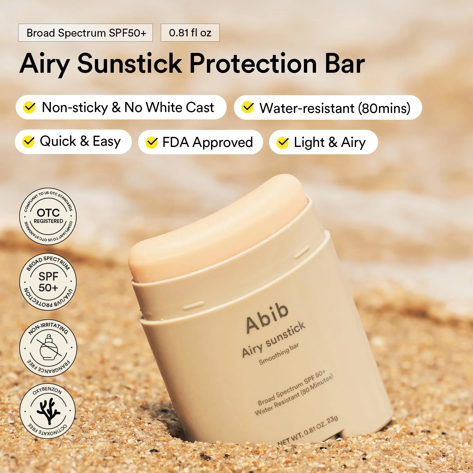 Abib Airy Sunstick Protection Bar Broad Spectrum SPF50+ 0.81 oz / 23 g (Semi-matte) | Korean Suncreen Stick Suncare Sunblock, No Whitecast, Protector Solar Barra, Water resistant - Image 9
