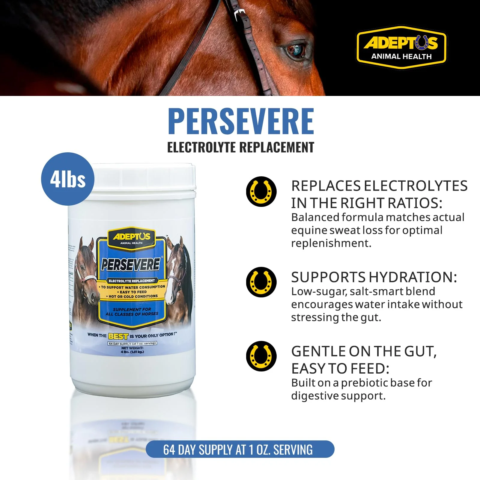 Adeptus Nutrition Persevere Electrolyte Supplement for All Classes of Horses, Supports Hydration, Balanced Formula for Sweat Replacement, Prebiotic Yeast Base, Easy-Feed Powder, 4 Lbs - Image 4