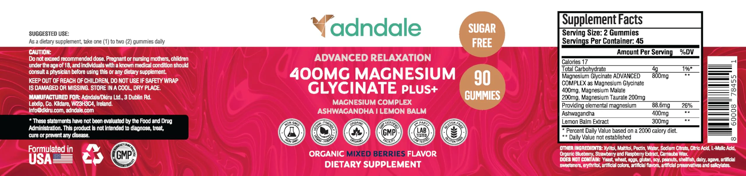 Adndale 90 CT Magnesium Glycinate 400 mg Gummies with Ashwagandha, Magnesium Malate & Taurate, Sugar Free Magnesium Gummies for Adults & Kids. - Image 2