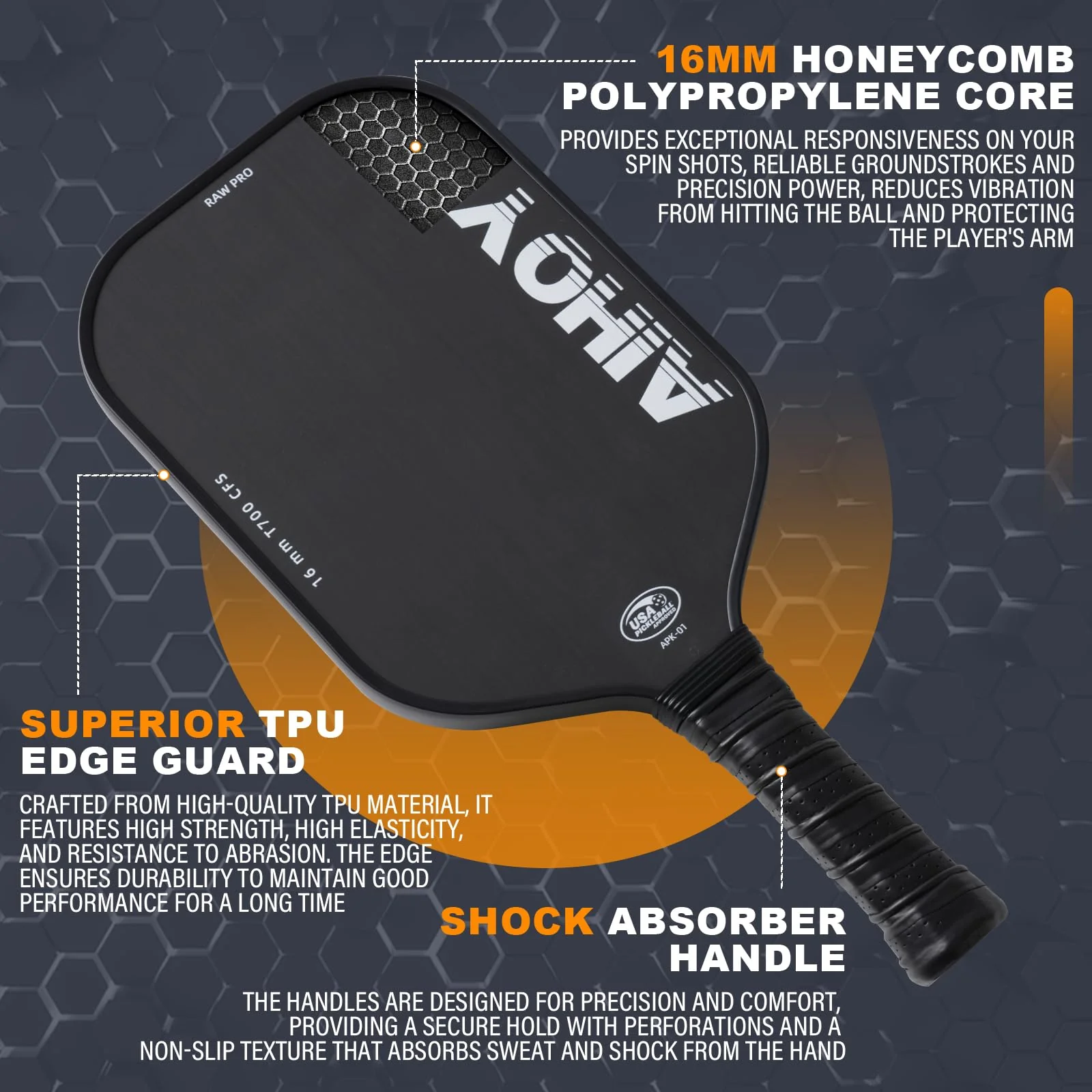 Aihoye PRO Pickleball Paddles- Raw T700 Carbon Fiber Textured Surface (CFS) with High Grit & Spin, Pickleball Paddles Set of 2 with 16MM Polypropylene Honeycomb Core, USAPA Approved - Image 5