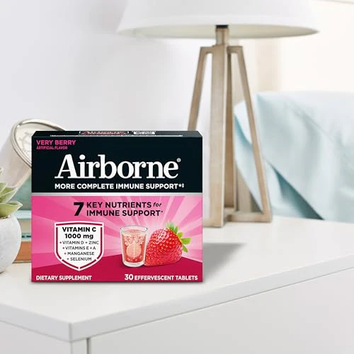 Airborne 1000mg Vitamin C with Vitamin D & Zinc, Sugar Free Multivitamin Immune Support Supplement, Antioxidants Vitamins A C & Vitamin E, 30 Effervescent Tablets, Very Berry Flavor - Image 4