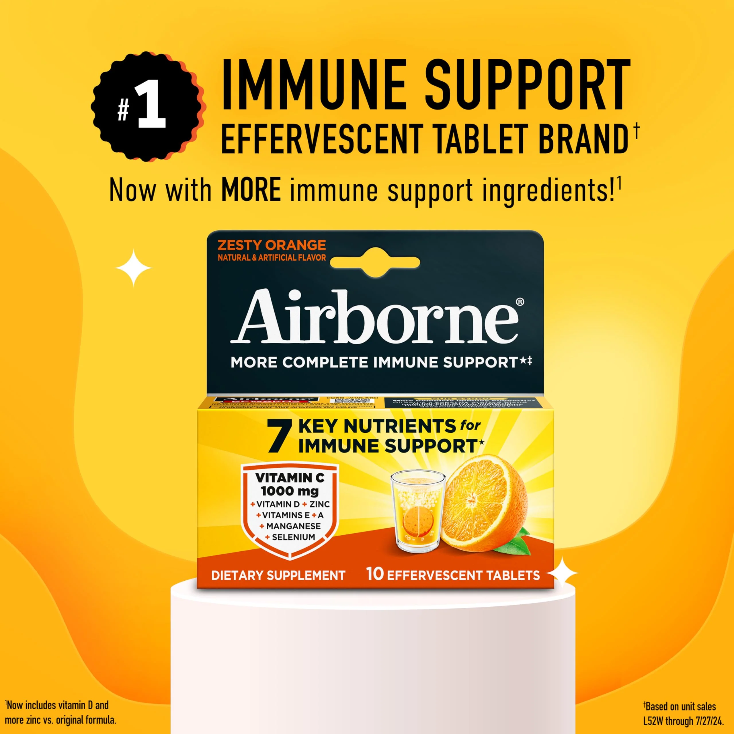 Airborne Immune Support Effervescent Tablets, Zesty Orange Flavor - 10ct with 1000mg Vitamin C + Vitamins A, D, E, Zinc, Selenium, Manganese & Herbal Blend - Sugar‑Free, Gluten‑Free - Image 2