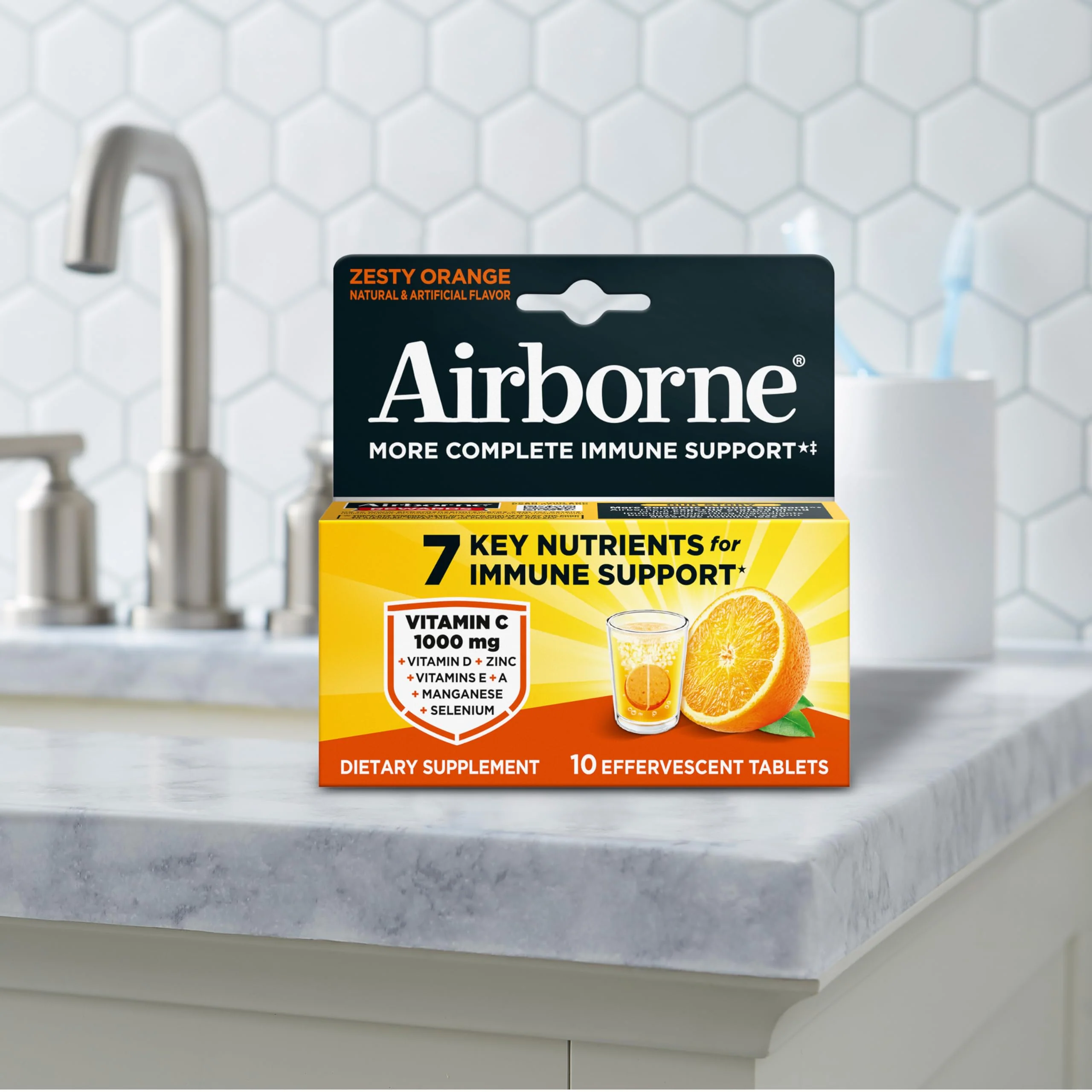 Airborne Immune Support Effervescent Tablets, Zesty Orange Flavor - 10ct with 1000mg Vitamin C + Vitamins A, D, E, Zinc, Selenium, Manganese & Herbal Blend - Sugar‑Free, Gluten‑Free - Image 8
