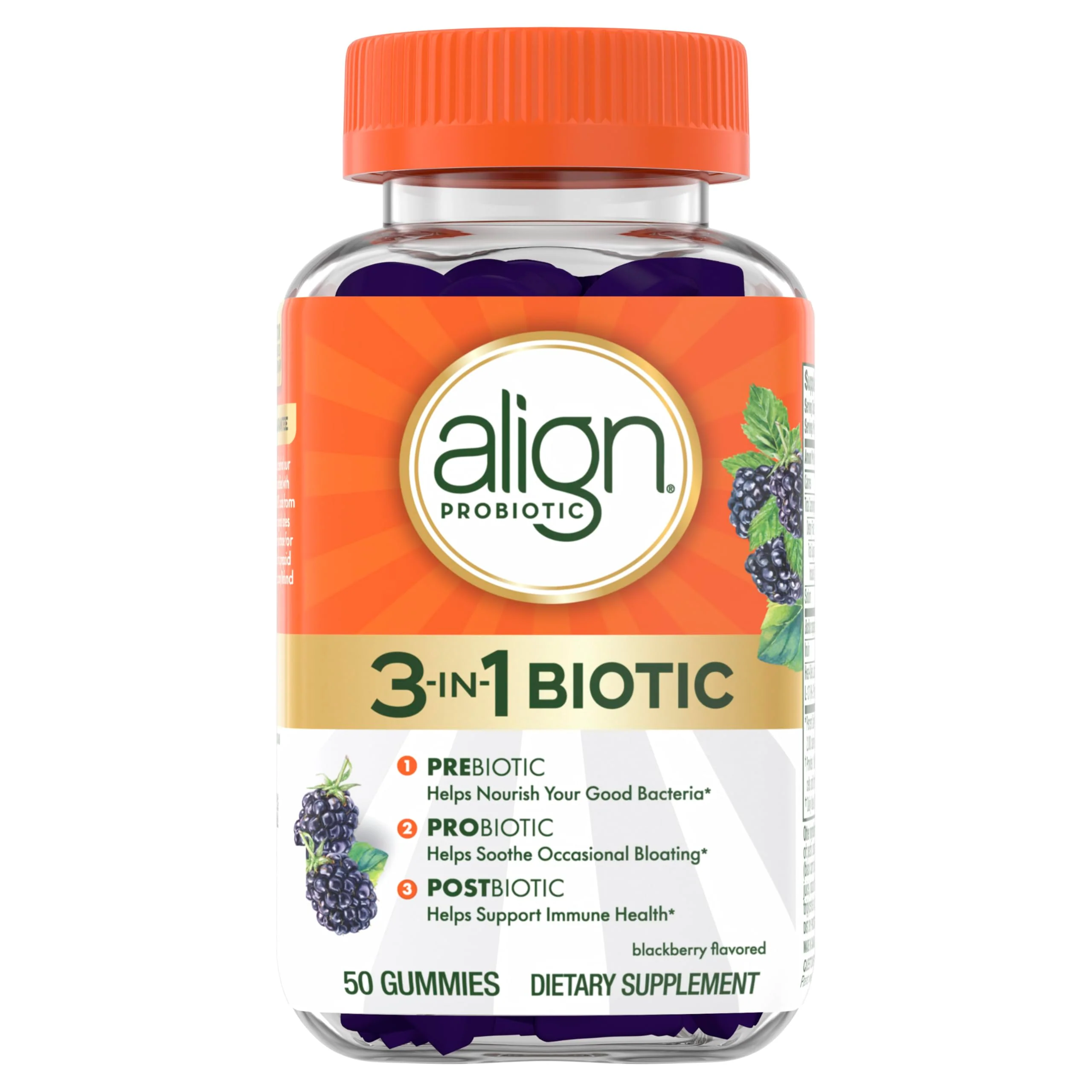 Align Probiotic, 3-in-1 Biotic Gummies, Prebiotic + Probiotic + Postbiotic, #1 Doctor Recommended Probiotic Brand‡, Helps Relieve Occasional Bloating*, BlackBerry Flavor, 50 Gummies - Image 2