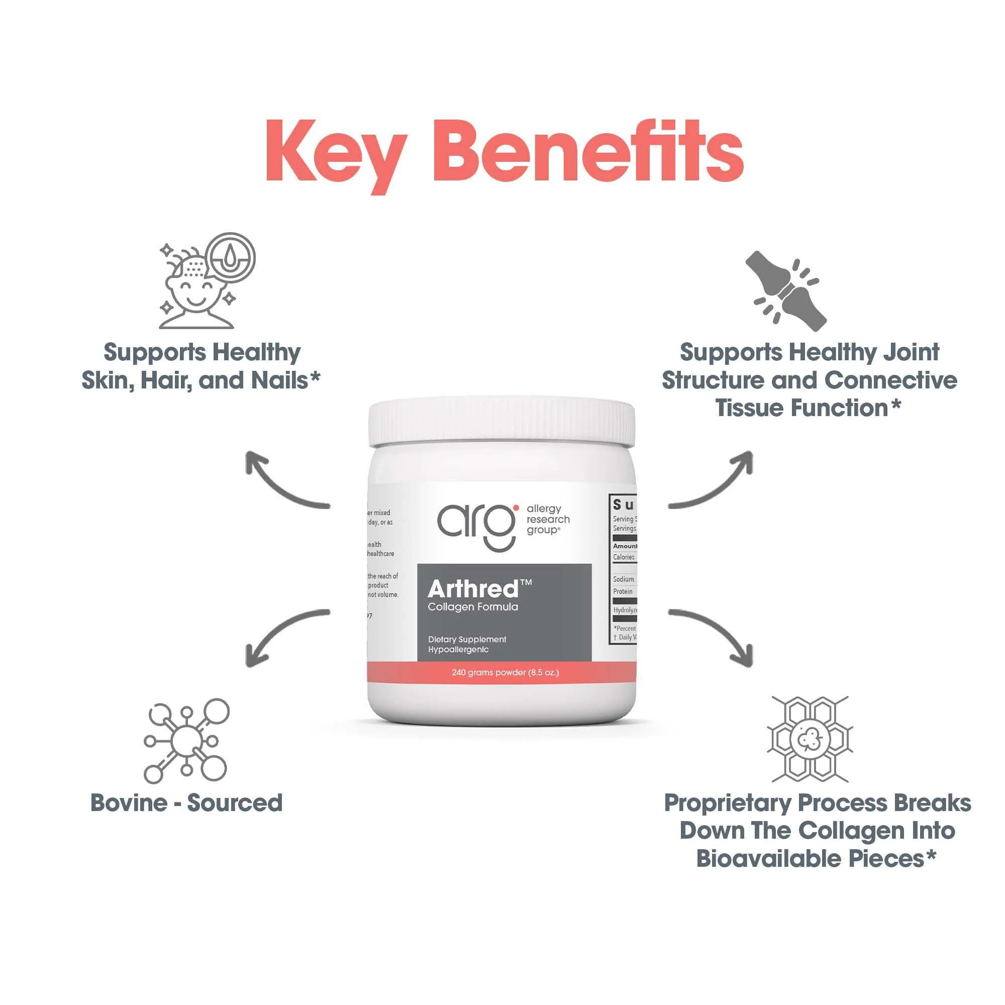Allergy Research Group Arthred Supplement - Collagen Powder for Men & Women, 10.5g Collagen Peptides, Bovine Sourced, Arthred Powder, Collagen Formula, Hydrolyzed Collagen - 8.5 Oz - Image 6