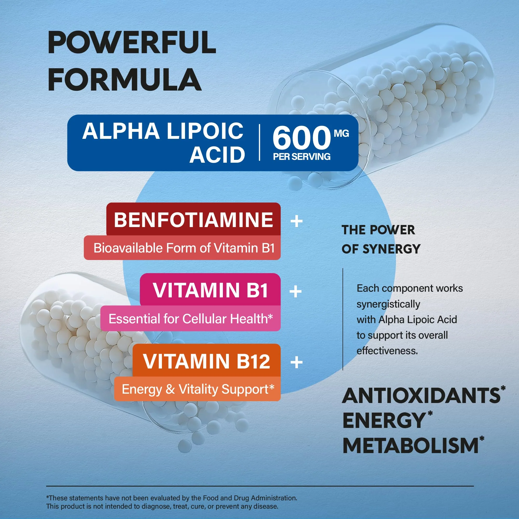 Alpha Lipoic Acid 600mg - ALA Supplement Antioxidant for Nerve, Energy & Metabolism Support - Extra Strength with Benfotiamine, B1 & B12 - Lab Tested, NON-GMO & Vegan - 120 Capsules, 2 Month Supply - Image 6