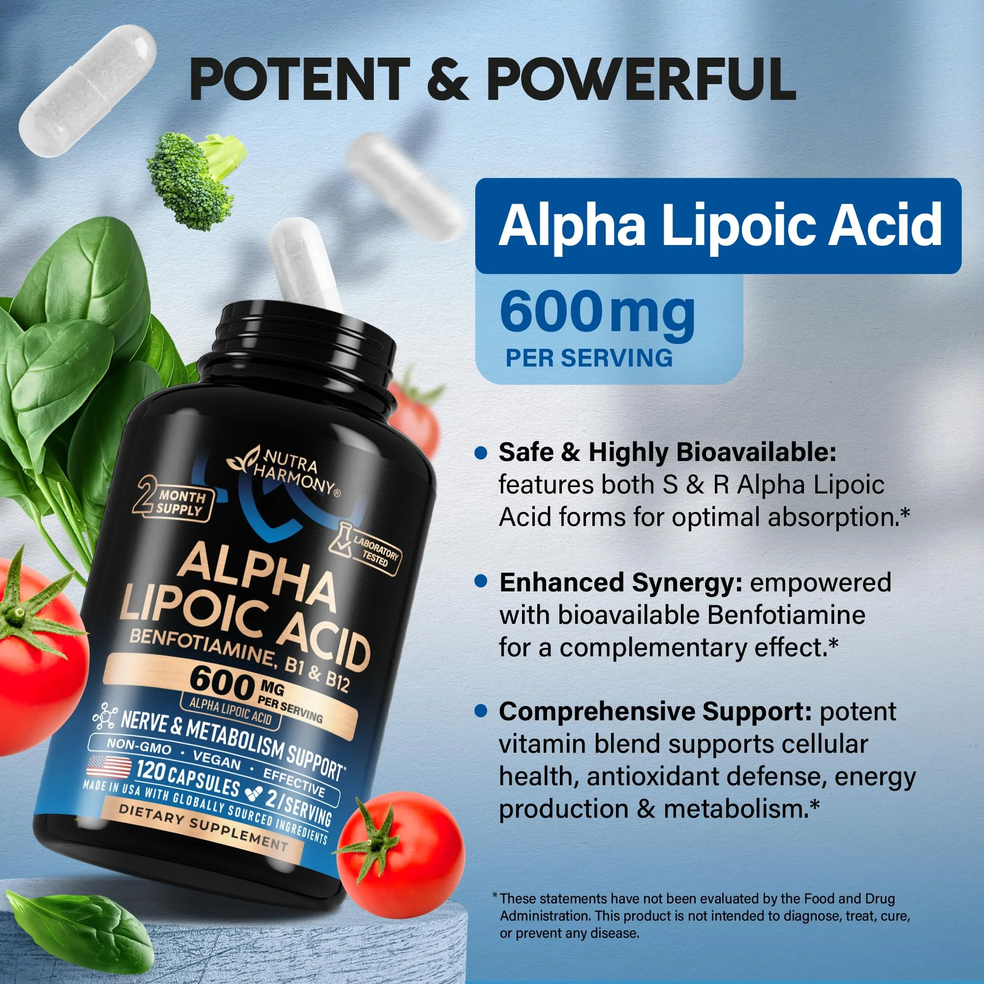 Alpha Lipoic Acid 600mg - ALA Supplement Antioxidant for Nerve, Energy & Metabolism Support - Extra Strength with Benfotiamine, B1 & B12 - Lab Tested, NON-GMO & Vegan - 120 Capsules, 2 Month Supply - Image 7