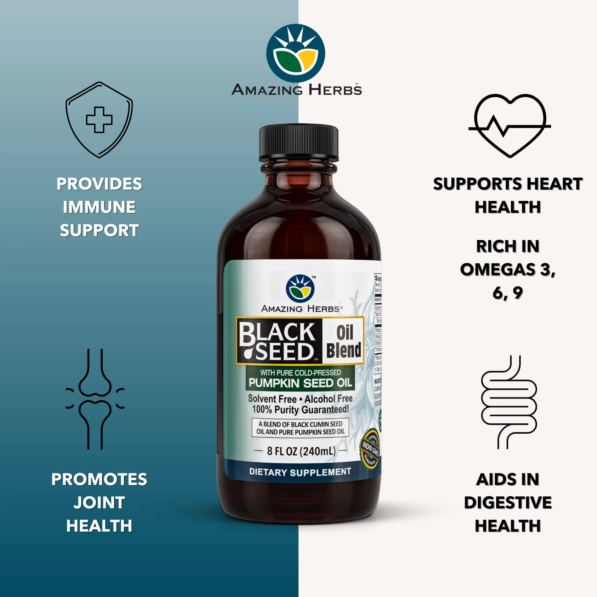 Amazing Herbs Black Seed and Pumpkin Seed Cold-Pressed Oil Blend - Gluten-Free, No Preservatives, High in Omega 3, 6, & 9, Improves Immune Respones & Promotes Digestive Health - 8 Fl Oz - Image 3