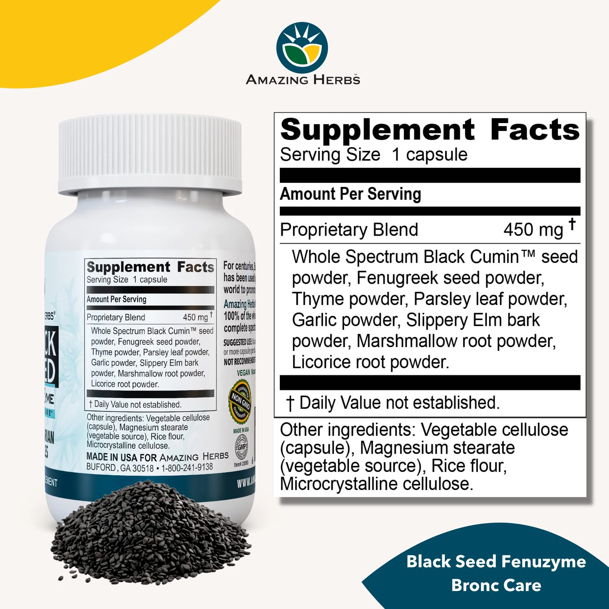 Amazing Herbs Black Seed Fenuzume Bronc-Care, Vegetarian Capsules - Gluten-Free, Non-GMO, Vegan, Enhances Immune Response, Improves Allergic Conditions & General Well-Being - 60 Count - Image 2