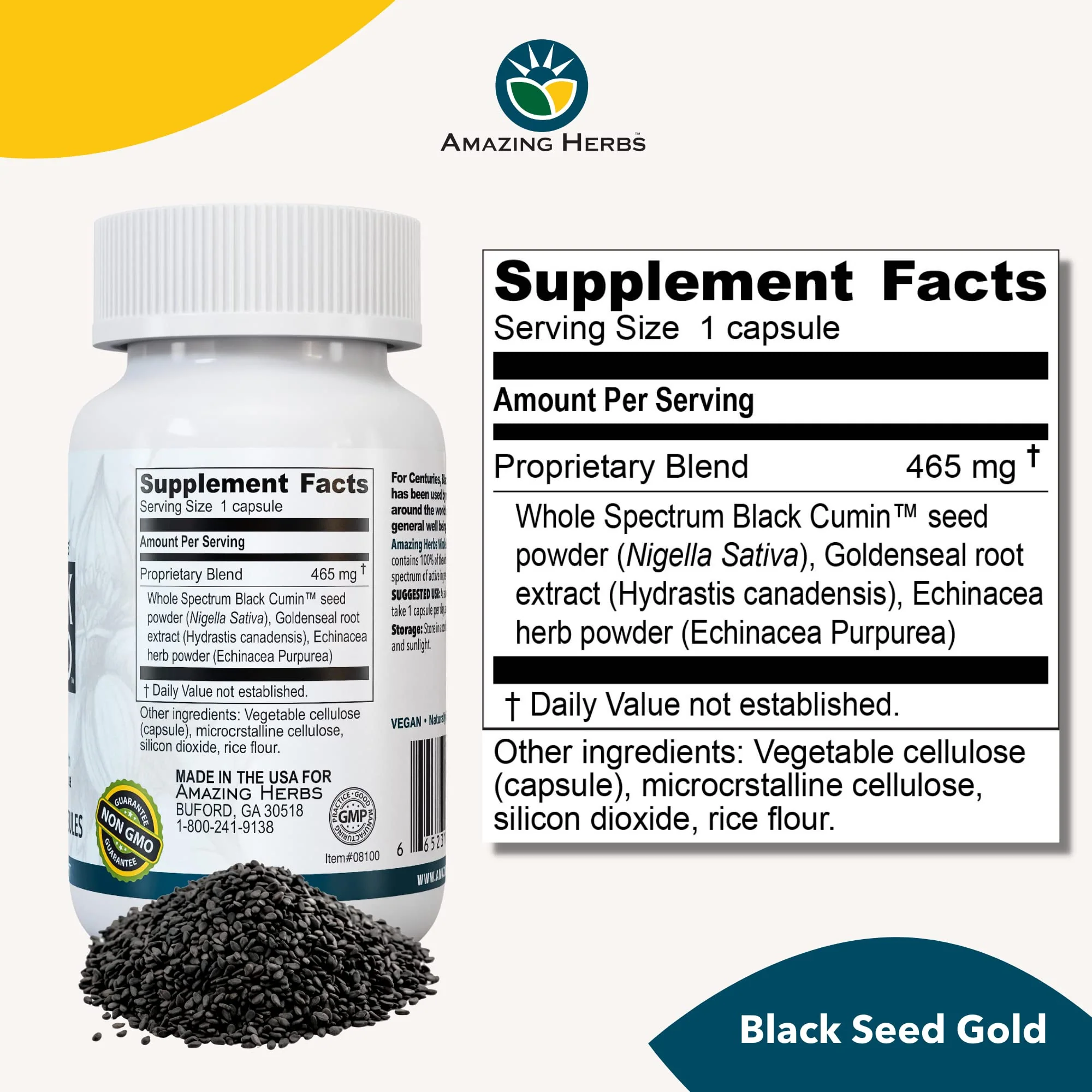 Amazing Herbs Whole Spectrum Black Seed Gold - Black Cumin Seed with Goldenseal & Echinacea, Gluten-Free & Non-GMO, Immune Support, Promotes Health & Wellness - 60 Count - Image 6