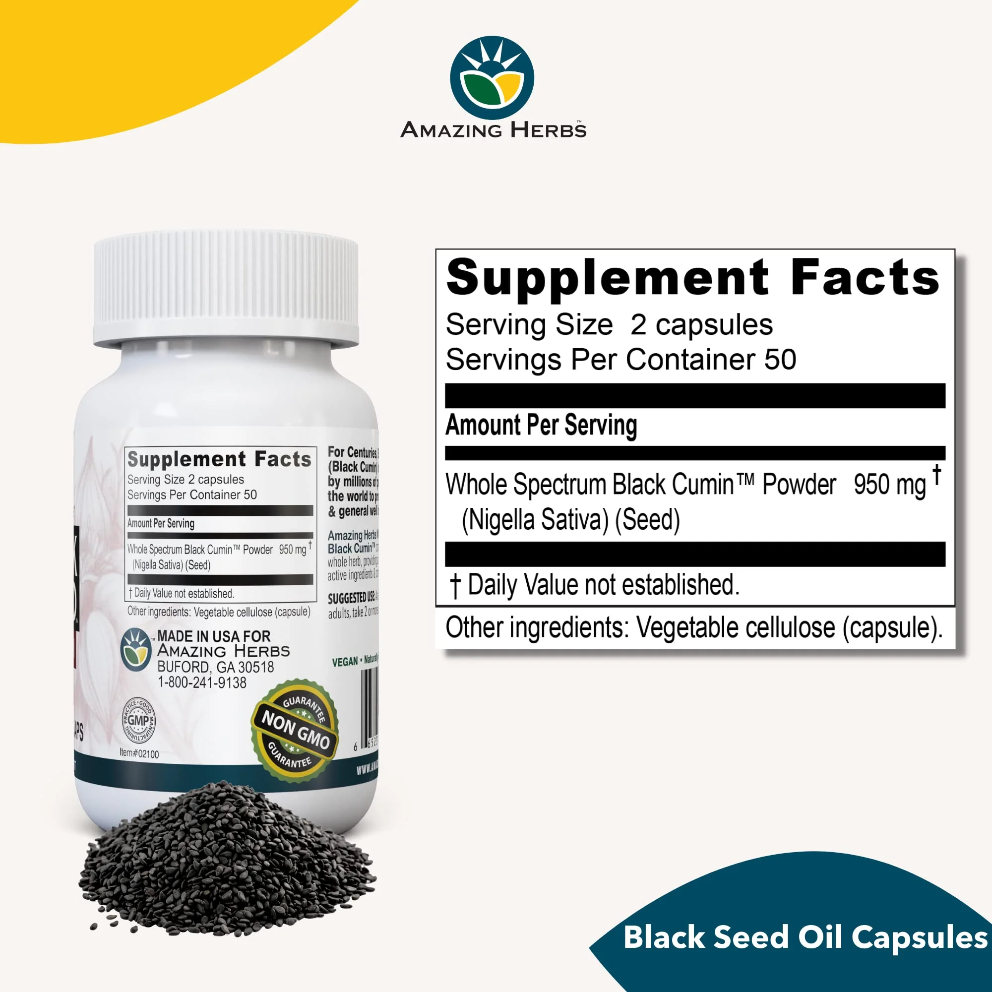 Amazing Herbs Whole Spectrum Black Seed Original Plain, Vegetarian Capsules - Gluten Free, Non GMO, Cold Pressed Nigella Sativa Aids in Digestive Health - 100 Count, 475mg - Image 3