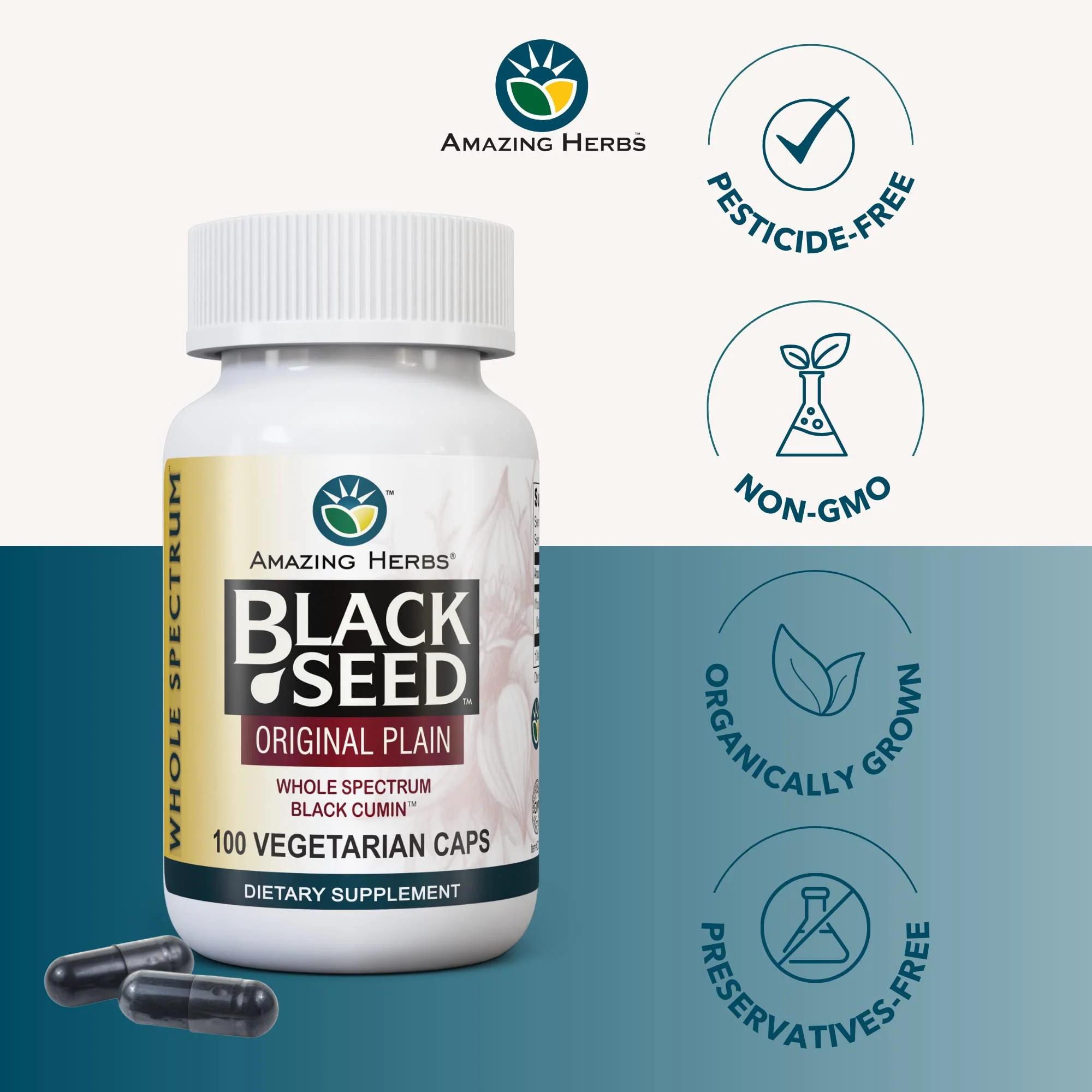 Amazing Herbs Whole Spectrum Black Seed Original Plain, Vegetarian Capsules - Gluten Free, Non GMO, Cold Pressed Nigella Sativa Aids in Digestive Health - 100 Count, 475mg - Image 5