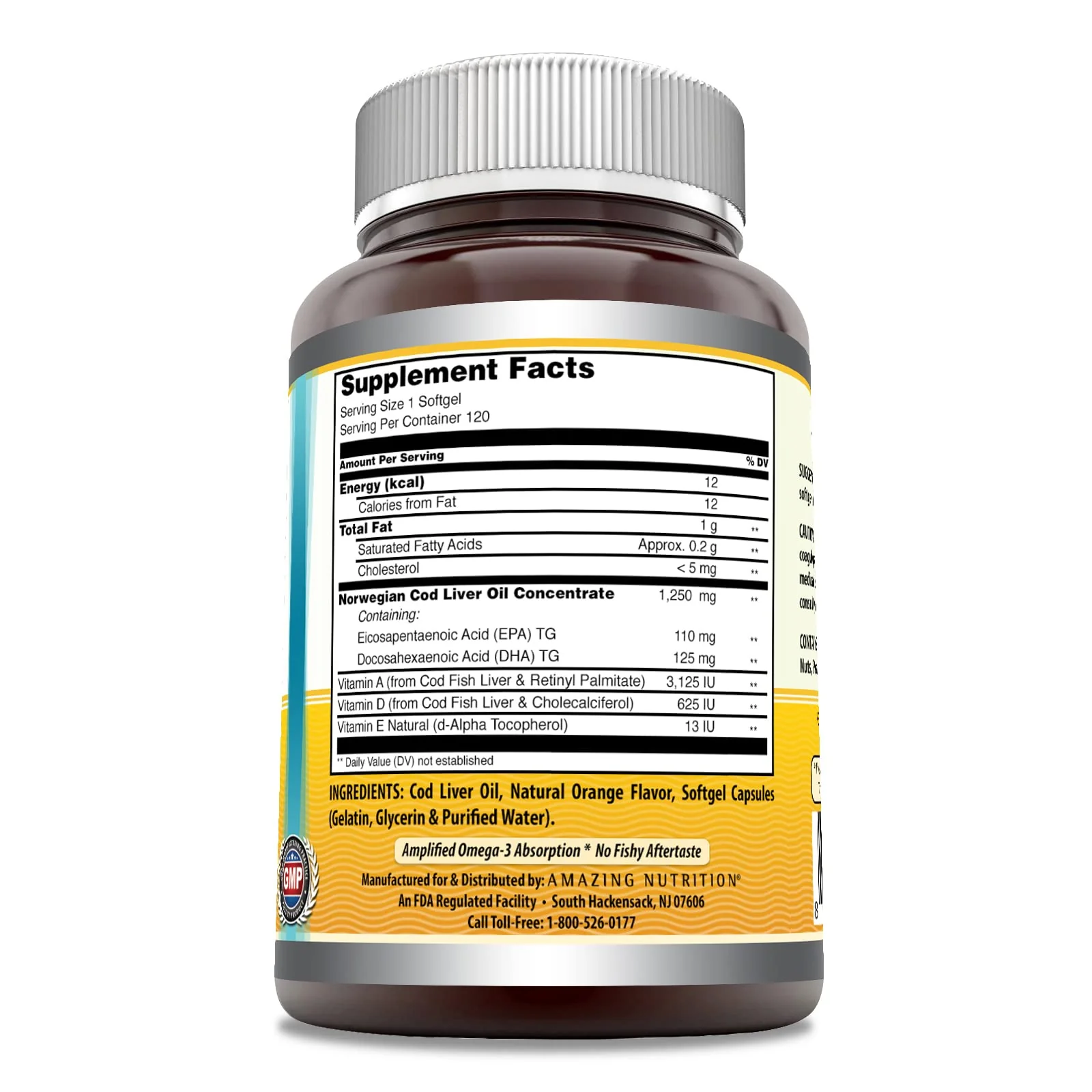 Amazing Omega Norwegian Cod Liver Oil 1250 mg 120 Softgels Supplement (Fresh Orange Flavor) - Image 3