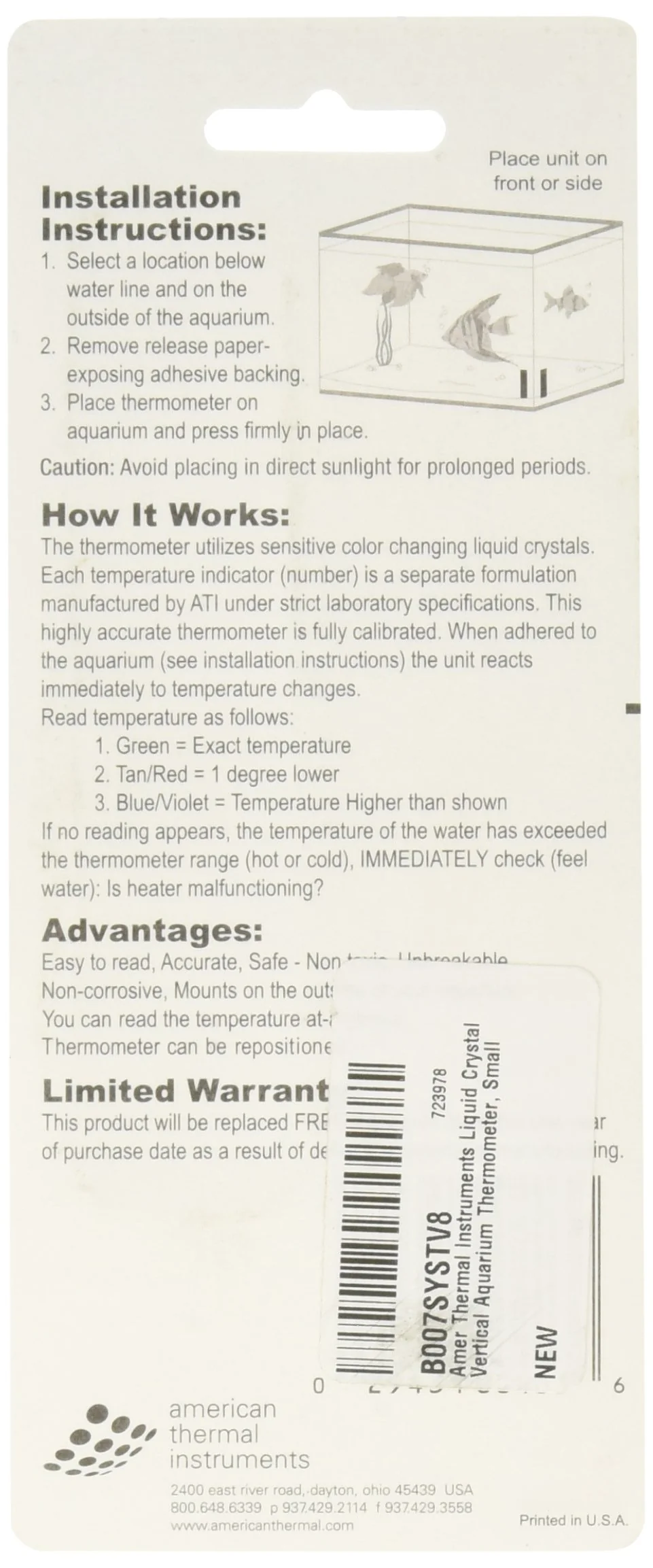 Amer Thermal Instruments Liquid Crystal Vertical Aquarium Thermometer, Small - Image 3