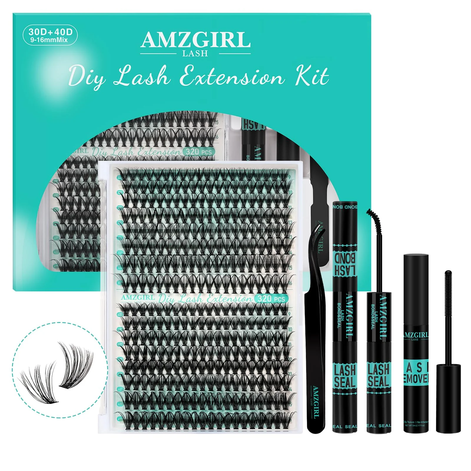 AMZGIRL LASH Clusters Kit 320Pcs, DIY Individual Extensions with Lash Bond and Seal, Remover For False Eyelashes, Applicator Tool Kit At Home(3040D,D-Mix9-16mm, Black