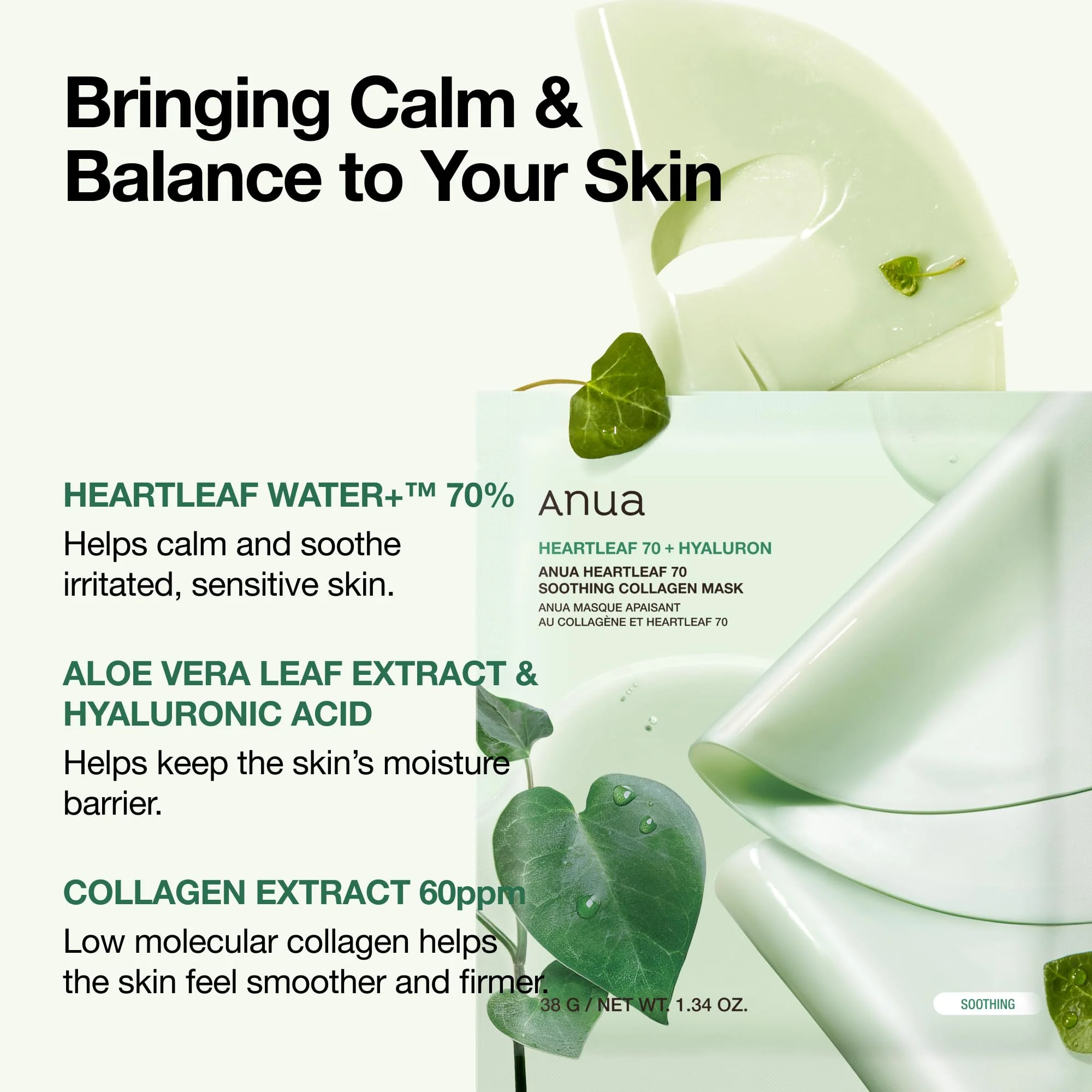 ANUA Heartleaf 70 Soothing Collagen Mask, Overnight Face Mask for Glass Skin, hyaluronic acid, Collagen, Soothing & hydration Facial Mask for Sensitive Skin, Natural Color, Korean Skin Care (38g, 4ea) - Image 6