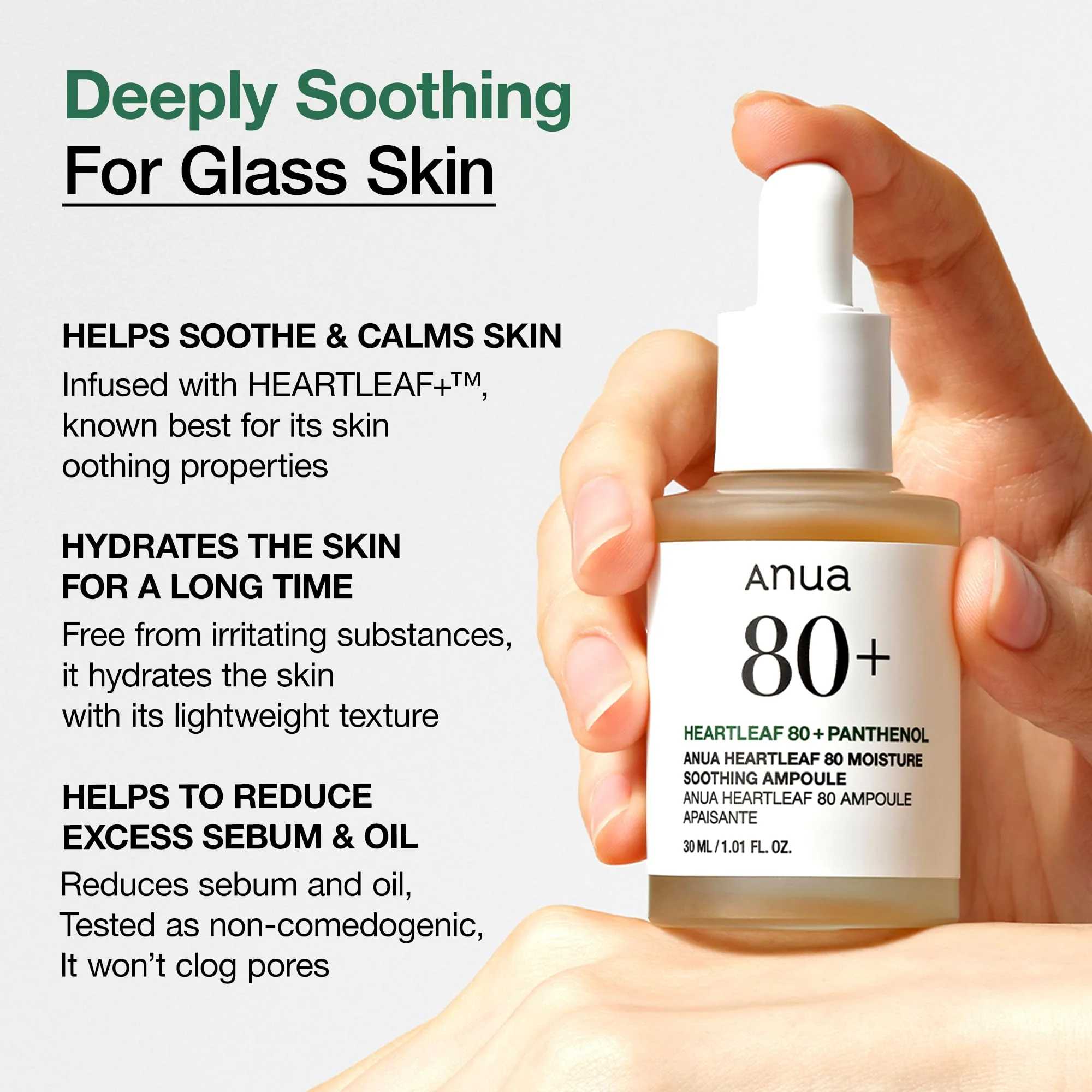 Anua Heartleaf 80 Soothing Ampoule, Hydration Facial Serum for Glass Skin, Panthenol, Hyaluronic Acid, Non-Greasy, Gentle Formula, Lightweight Essence, Vegan, Korean Skin Care, 30ml/1.01 fl.oz - Image 7