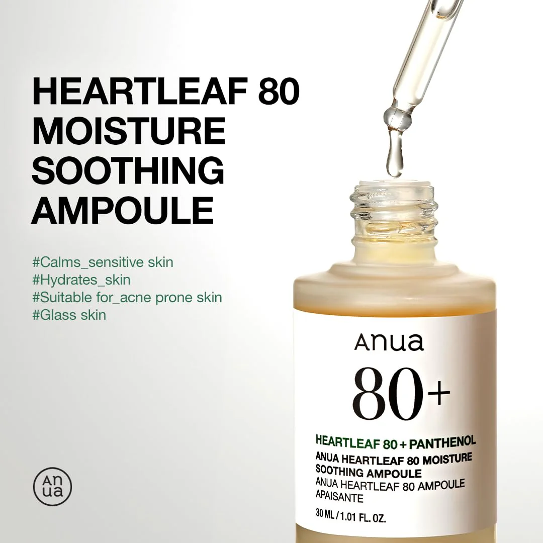 Anua Heartleaf 80 Soothing Ampoule, Hydration Facial Serum for Glass Skin, Panthenol, Hyaluronic Acid, Non-Greasy, Gentle Formula, Lightweight Essence, Vegan, Korean Skin Care, 30ml/1.01 fl.oz - Image 8