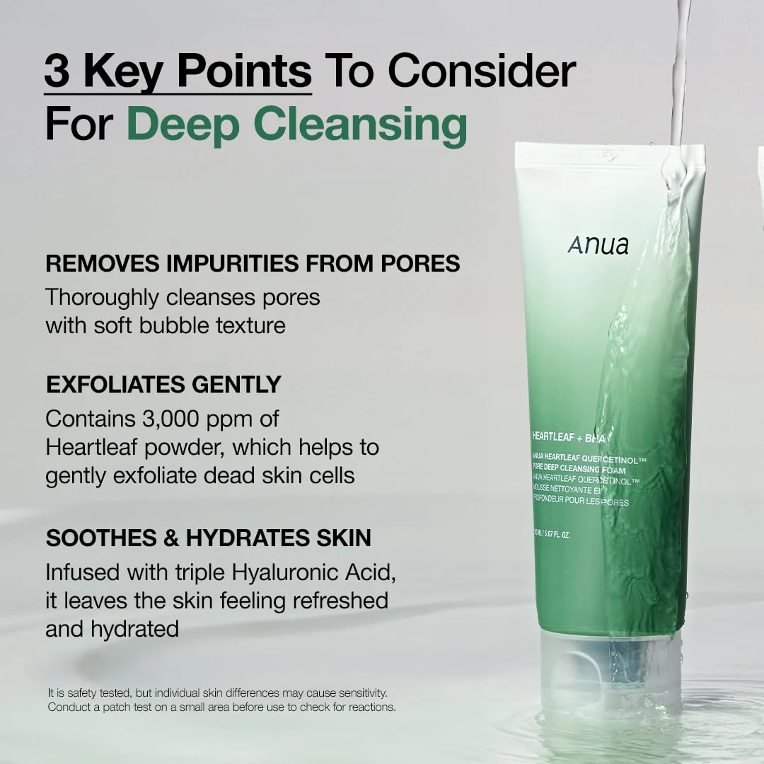 Anua Heartleaf Quercetinol Pore Deep Cleansing Foam, Face wash for Pore Refining Cleanser, Hydrating Daily Facial Cleanser For Double Cleansing, Gentle Foaming with BHA, Korean Skincare, 5.07 fl.oz. - Image 7
