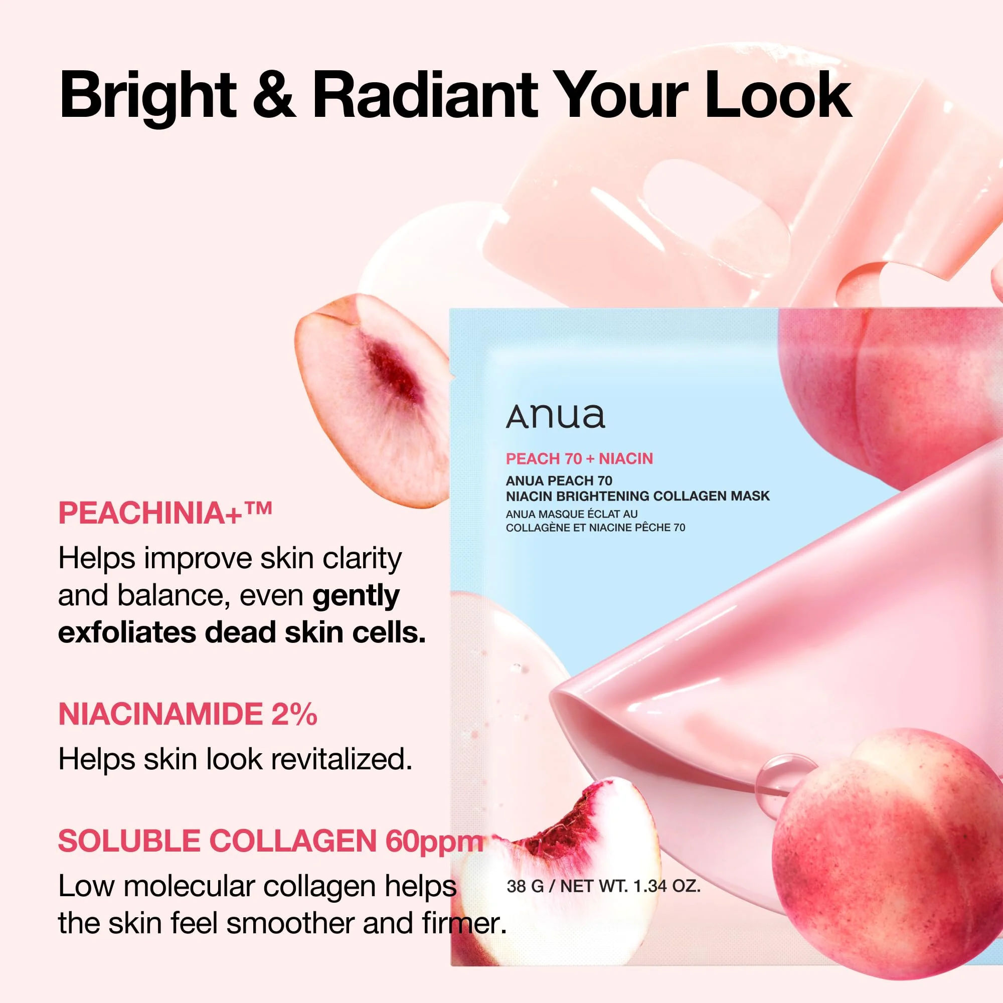 ANUA Peach 70 Niacin Brightening Collagen Mask, Overnight Face Mask for Glass Skin, Niacinamide, Collagen Facial Mask, Glow up with Hydration, Natural Color, Korean Skin Care (38g, 4ea) - Image 6