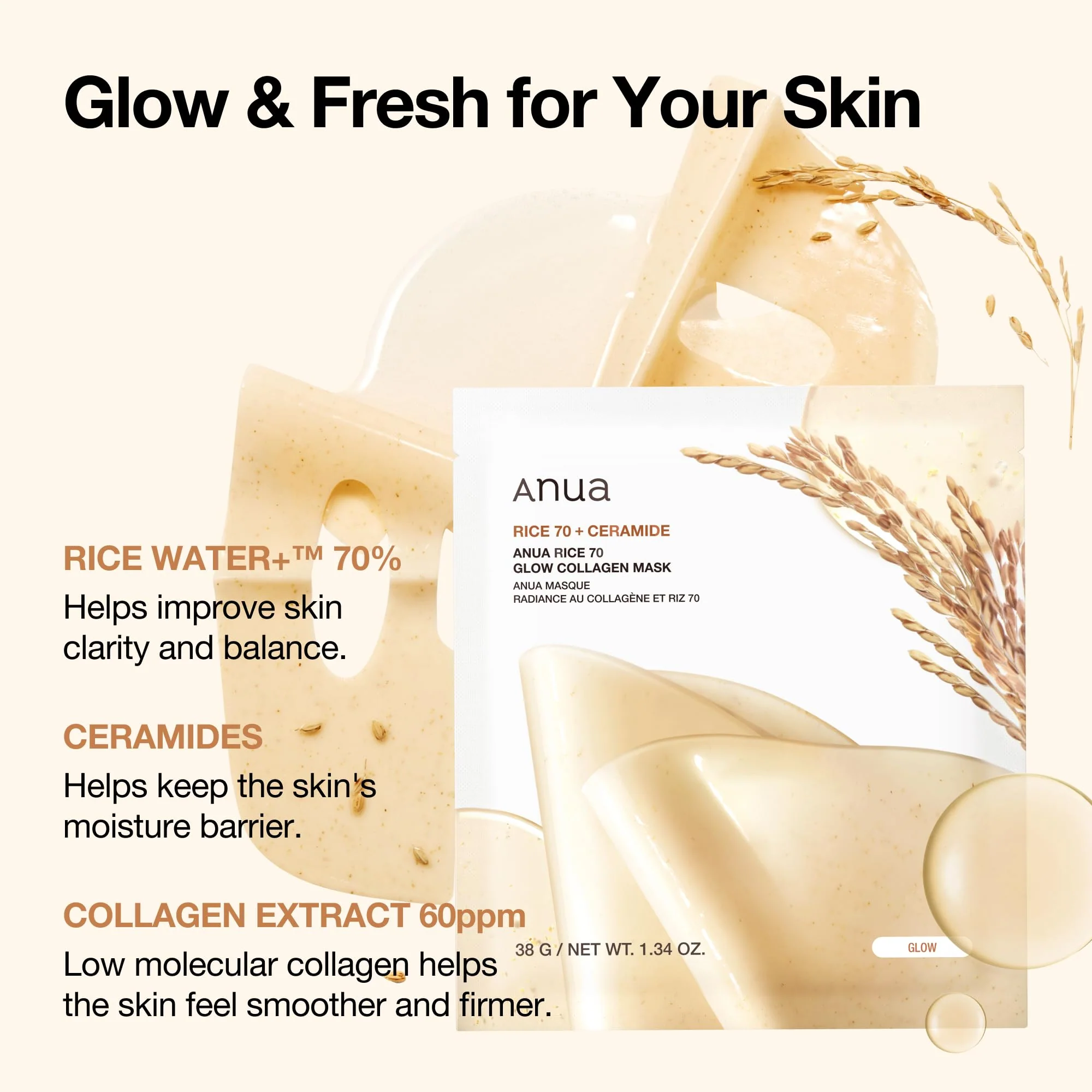 ANUA Rice 70 Glow Collagen Mask, Overnight Face Mask for Glass Skin, Ceramide, Collagen Facial Mask, Skin Moisture Barrier, Tightening Care, Natural Color, Korean Skin Care (38g, 4ea) - Image 6