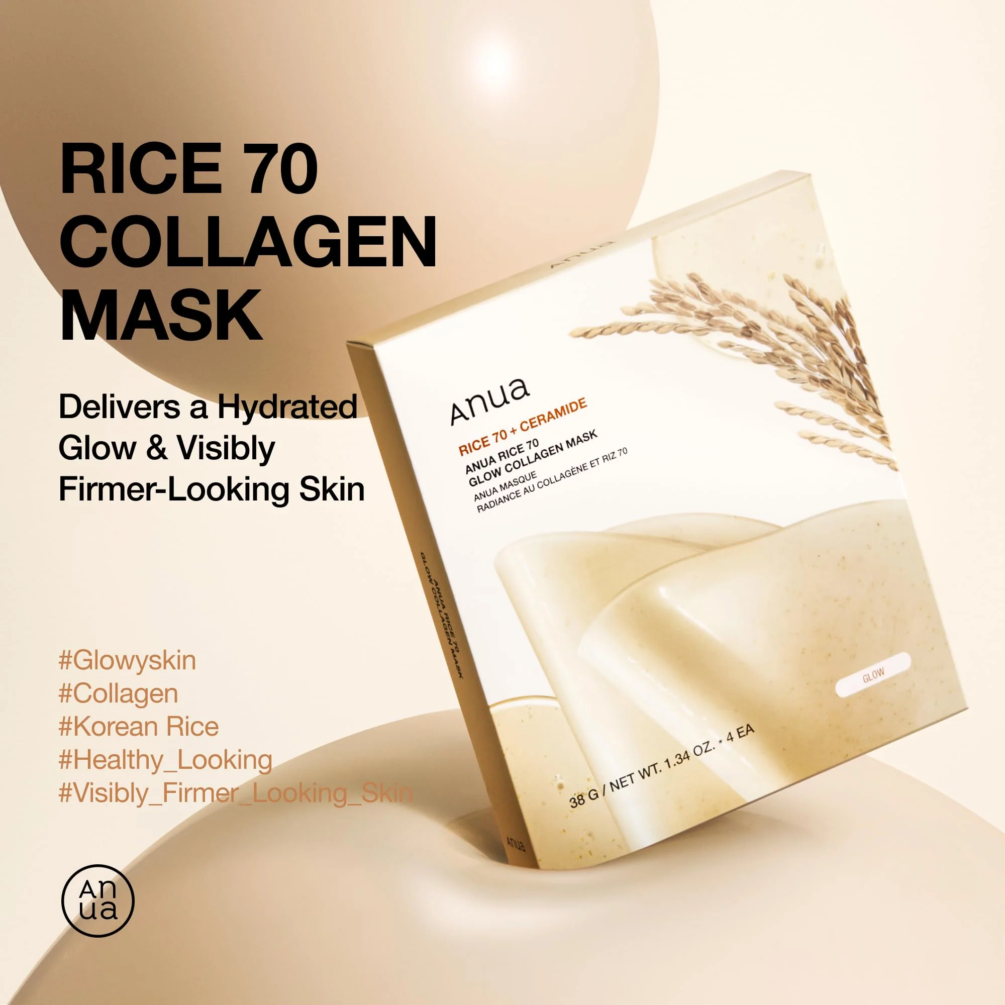 ANUA Rice 70 Glow Collagen Mask, Overnight Face Mask for Glass Skin, Ceramide, Collagen Facial Mask, Skin Moisture Barrier, Tightening Care, Natural Color, Korean Skin Care (38g, 4ea) - Image 7
