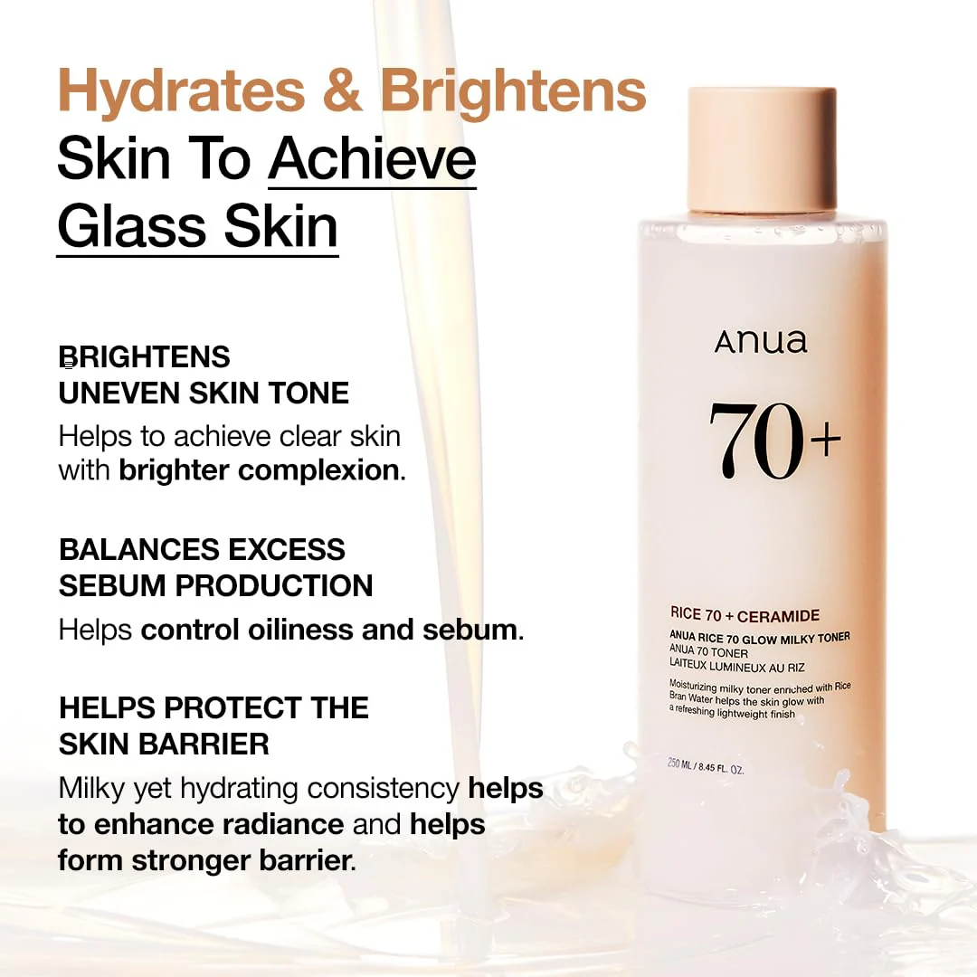 Anua Rice 70 Glow Milky Toner, Glass & Dewy Skin, Hydrating & Barrier Care, Rice Water, Niacinamide, Ceramides, All Skin Types, Fragrance-Free, Non Comedogenic, Korean Skincare, 8.45 fl.oz. - Image 7