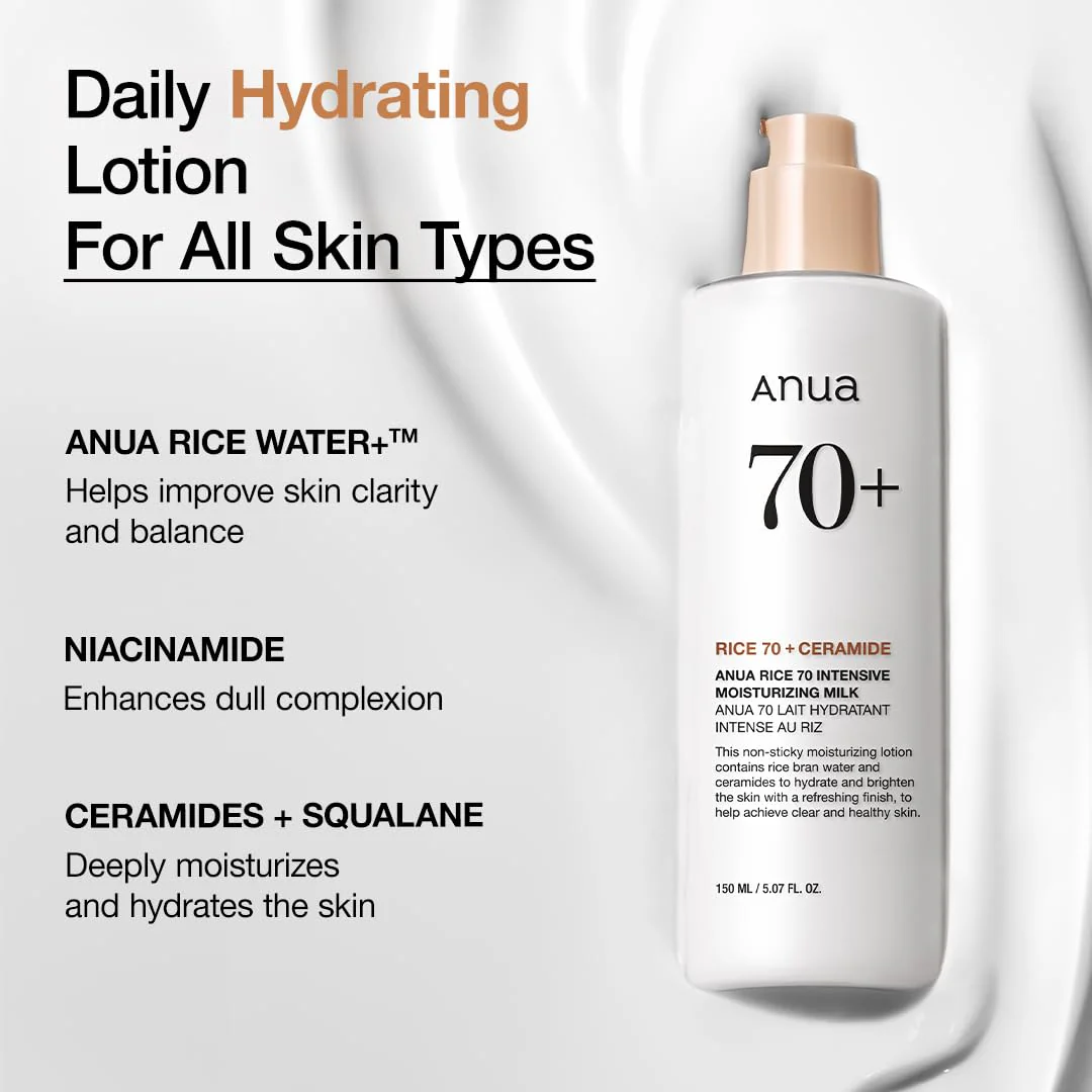 ANUA Rice 70 Intensive Moisturizing Milk, Hydrating Face Lotion, Niacinamide, Ceramides, All Skin Types, Sensitive, Skin Moisture Barrier, Lightweight Nourishing, Korean Skincare, 5.07 fl.oz. - Image 6
