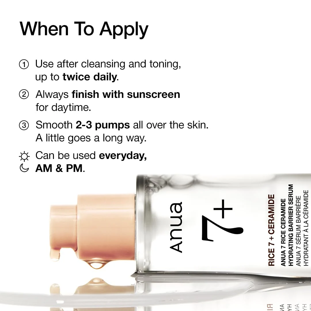 Anua Rice Ceramide 7 Hydrating Barrier Serum, Moisturizing Face Serum, Non-comodogenic, Hyaluronic Acid, Niacinamide, Lightweight, Fragrance Free, Sensitive Dry Skin, Korean Skincare, 1.69 fl oz - Image 4