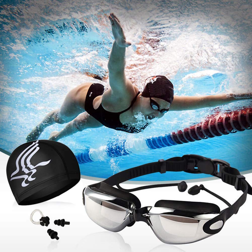 Aokelily Swim Goggles and Cap Set 4 in 1, UV 400 Protection Lenses Clear Anti-Fog Swimming Goggles Waterproof No Leaking with Nose Clip + Ear Plugs for Adult Men Women Kids (Black) - Image 2