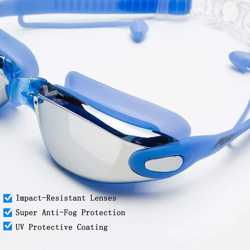 Aokelily Swim Goggles and Cap Set 4 in 1, UV 400 Protection Lenses Clear Anti-Fog Swimming Goggles Waterproof No Leaking with Nose Clip + Ear Plugs for Adult Men Women Kids (Blue) - Image 3