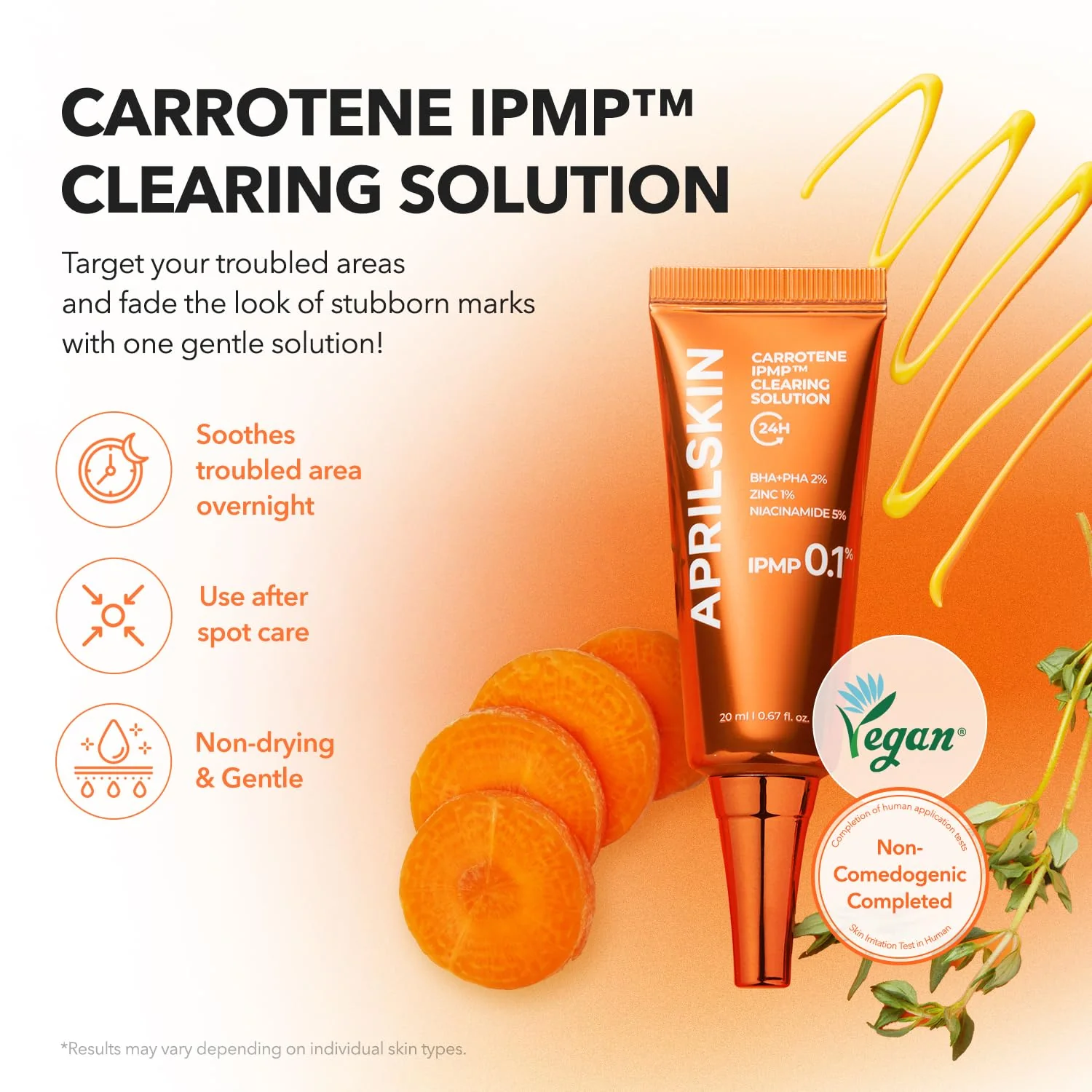 APRILSKIN Carrotene IPMP™ Clearing Solution || Quickly soothes troubled areas and helps clear blemishes | Formulated with BHA, AHA, Niacinamide & Zinc Oxide | Vegan, Cruelty-Free (0.67fl.oz.) - Image 9