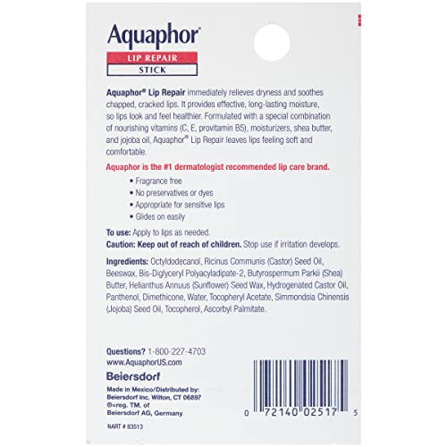 Aquaphor Lip Repair Stick with Jojoba Oil and Shea Butter, Moisturizing Lip Balms, Fragrance Free and Paraben Free, Immediately Relieves Dryness, 0.17 Oz Stick, Pack of 4 - Image 2