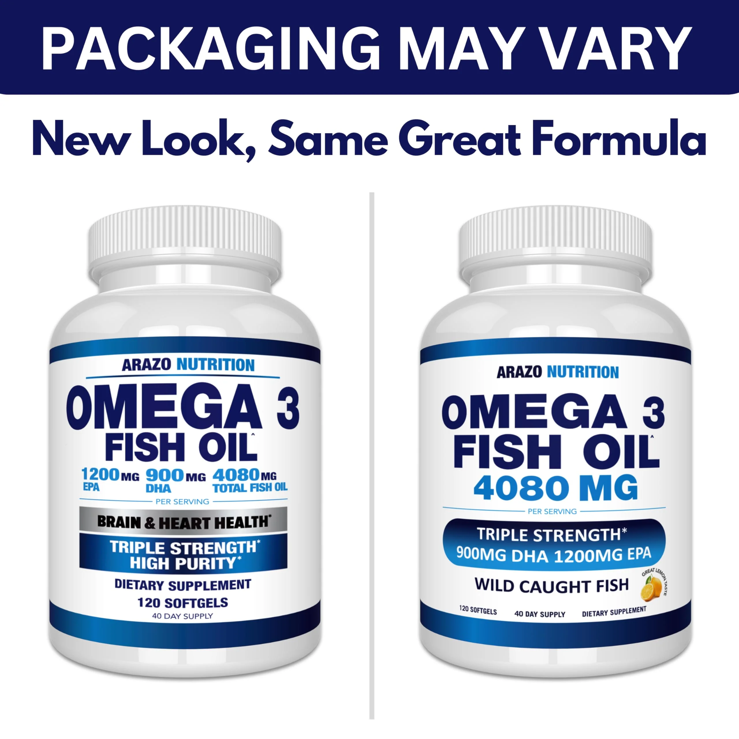 Arazo Nutrition Wild Caught Omega-3 Fish Oil Concentrate – 4,080mg per Serving – High EPA 1200mg & DHA 900mg – 120 Burpless Lemon Softgels - Image 12