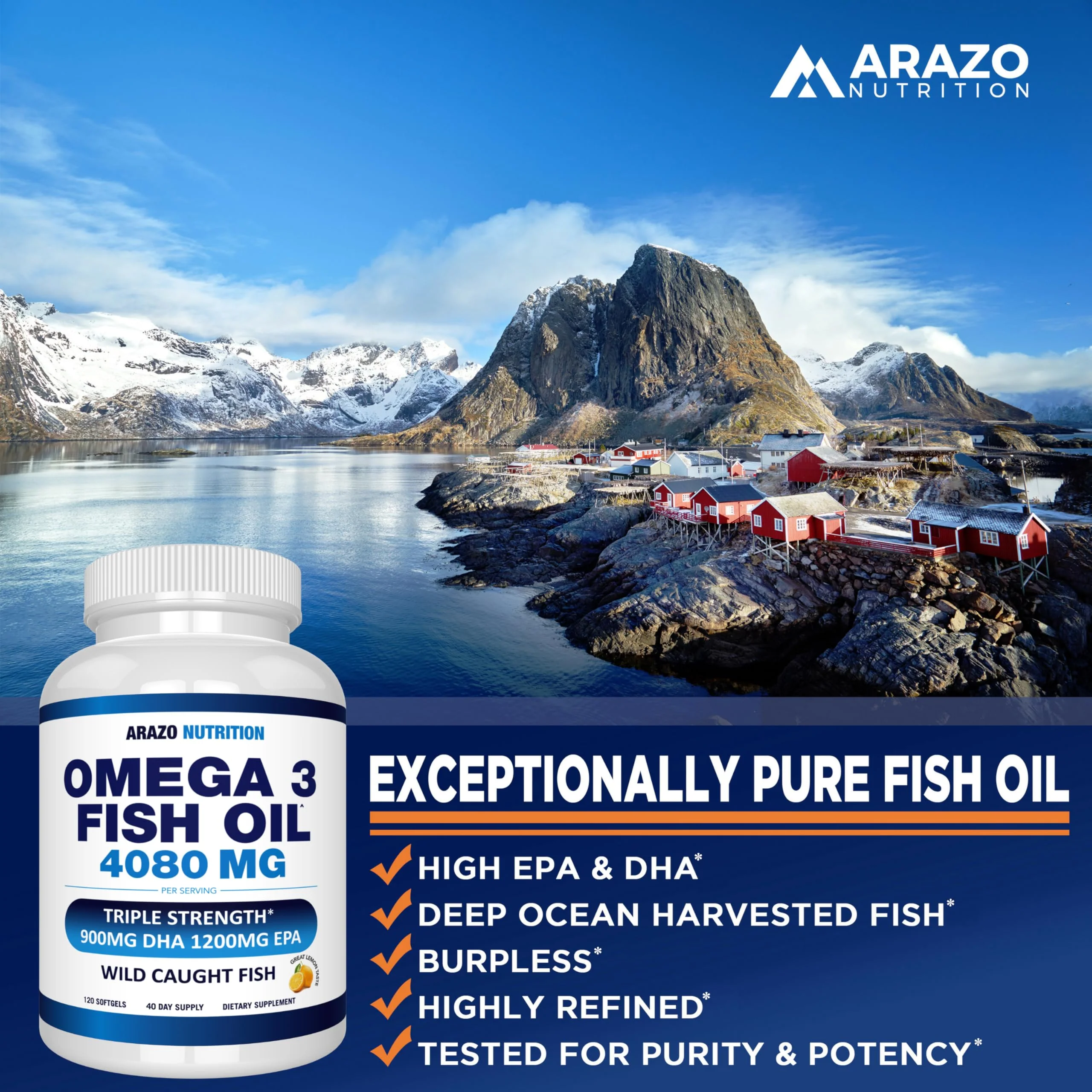 Arazo Nutrition Wild Caught Omega-3 Fish Oil Concentrate – 4,080mg per Serving – High EPA 1200mg & DHA 900mg – 120 Burpless Lemon Softgels - Image 15