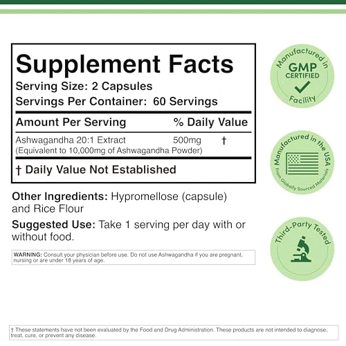 Ashwagandha Capsules, 120 Count (500mg Extract 20:1 Potency) Adaptogen Stress Relief by Double Wood - Image 7