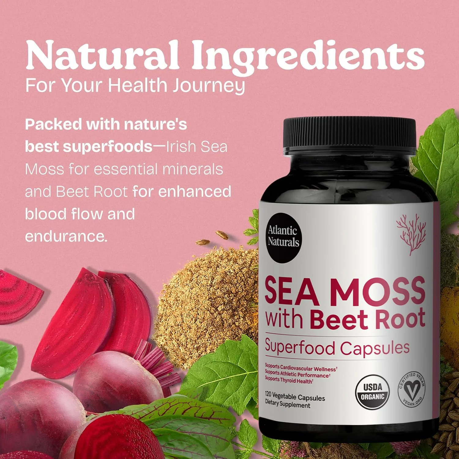 Atlantic Naturals Sea Moss with Beet Root Capsules - Premium Quality Multivitamin Supplement - Sea Moss Superfood to Support Immune Health, Blood Flow, Joint Health & Athletic Performance - 120 ct - Image 3