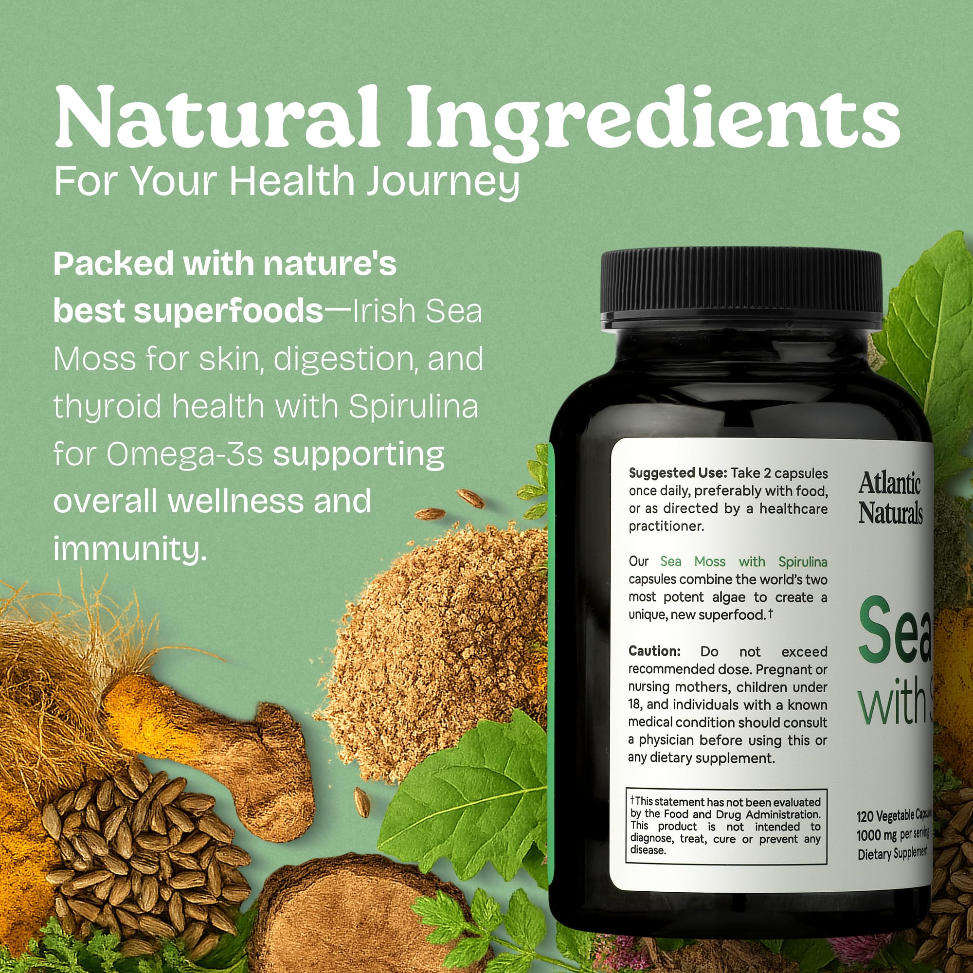 Atlantic Naturals Sea Moss with Spirulina Superfood Capsules - Multivitamin Supplement Supports Healthy Iron and Immune Health, Alternative to Seamoss Gel and Powder - Irish Sea Moss Capsules (120 ct) - Image 3