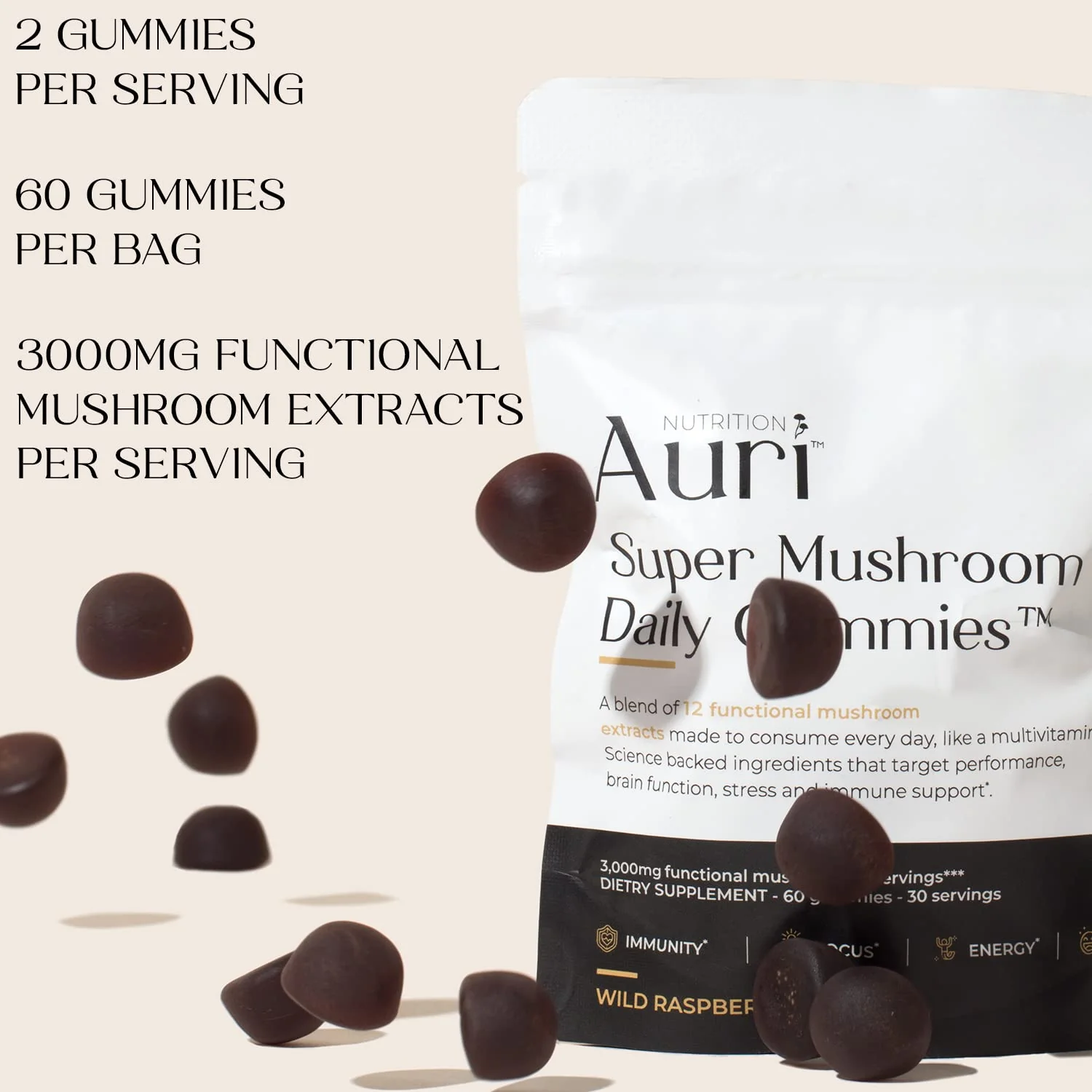 Auri Nutrition Super Mushroom Daily Gummies – All-in-One Functional Gummy with 12 Mushroom Blend Including Lion’s Mane, Reishi, Chaga & Cordyceps – 60 Gummies - Image 5