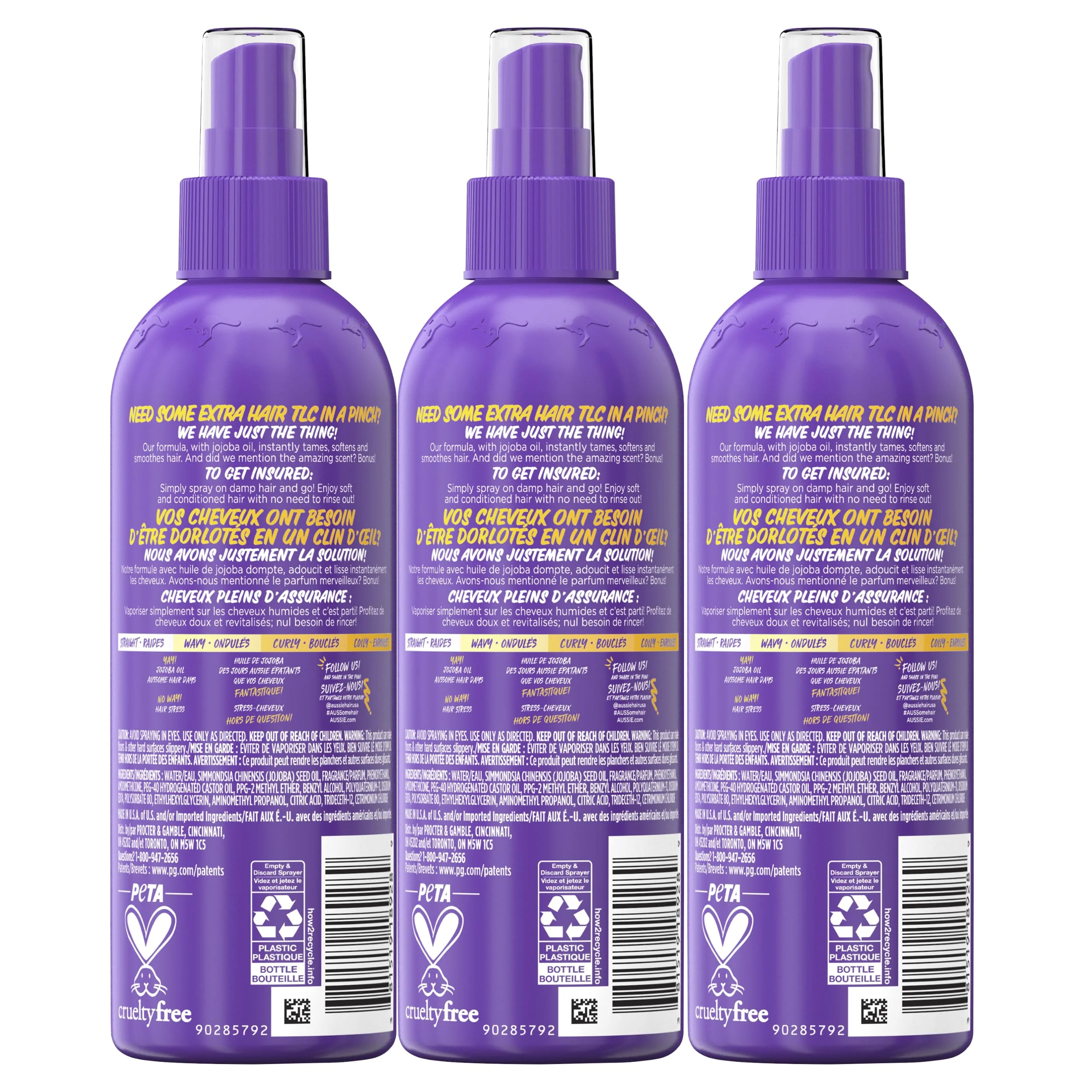 Aussie Hair Insurance Leave-In Conditioner Spray, Frizz Control, Softening with Jojoba & Sea Kelp, Moisturizing Treatment for All Hair Types, Juicy Citrus, 8 Fl Oz Each, Triple Pack - Image 2