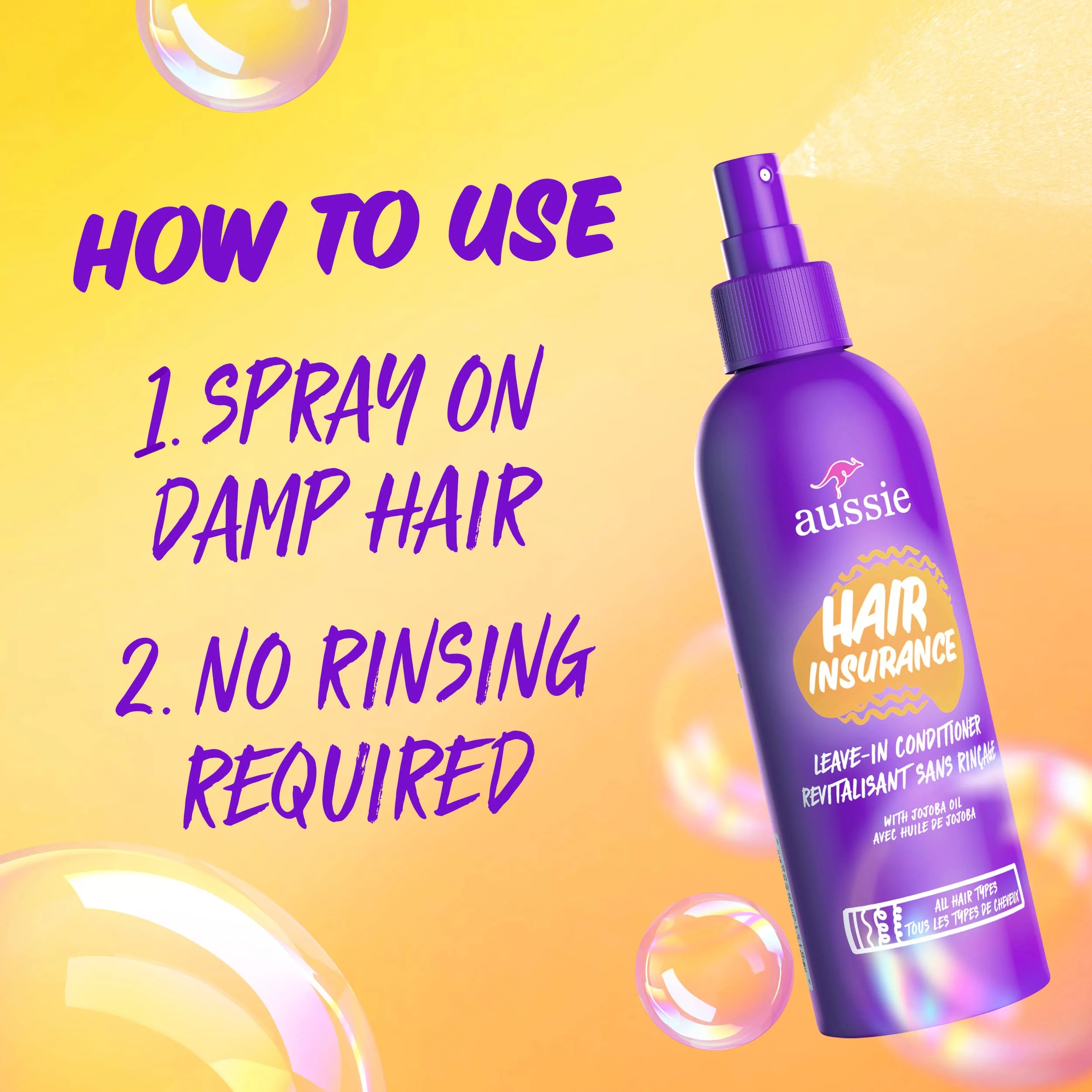Aussie Hair Insurance Leave-In Conditioner Spray, Frizz Control, Softening with Jojoba & Sea Kelp, Moisturizing Treatment for All Hair Types, Juicy Citrus, 8 Fl Oz Each, Triple Pack - Image 6