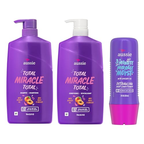 Aussie Total Miracle Hair Care Bundle: Shampoo, Conditioner, and 3 Minute Deep Treatment with Apricot & Macadamia Oil, Paraben-Free for Damaged Hair, 26.2 & 8 Fl Oz - Image 5