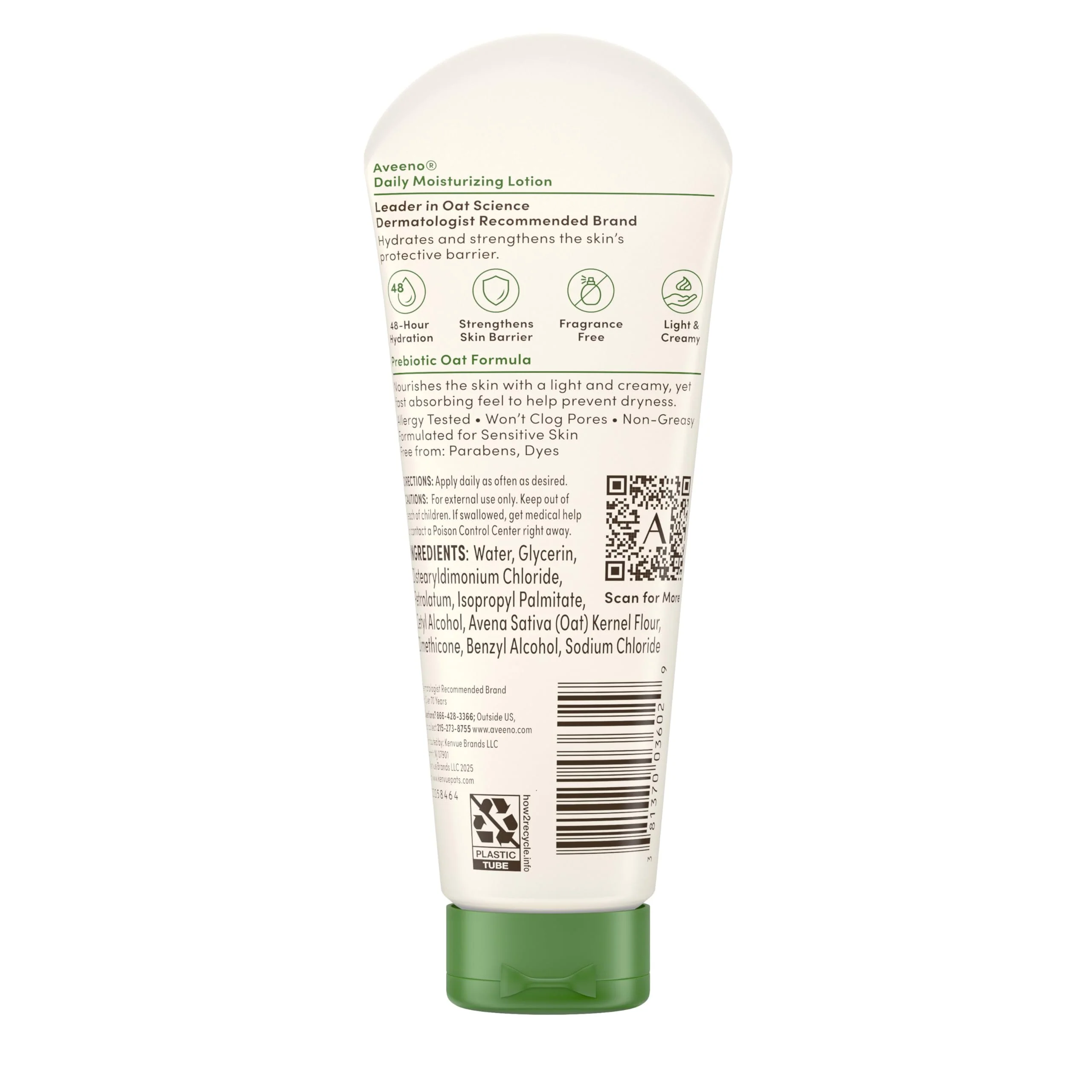 Aveeno Daily Moisturizing Body Lotion with Soothing Prebiotic Oat, Gentle Lotion Nourishes Dry Skin With Moisture, Paraben-, Dye- & Fragrance-Free, Non-Greasy & Non-Comedogenic, 2.5 fl. Oz - Image 2