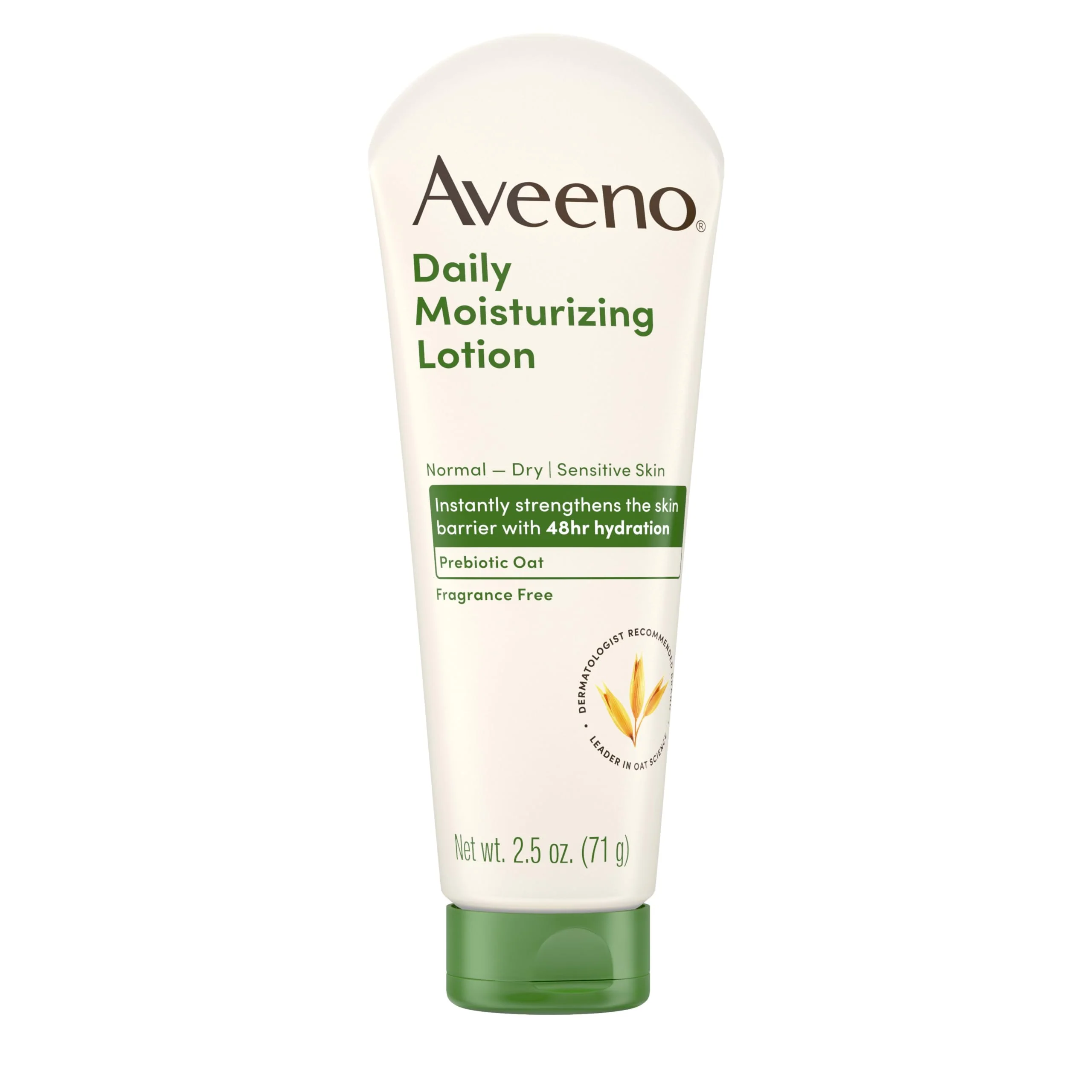Aveeno Daily Moisturizing Body Lotion with Soothing Prebiotic Oat, Gentle Lotion Nourishes Dry Skin With Moisture, Paraben-, Dye- & Fragrance-Free, Non-Greasy & Non-Comedogenic, 2.5 fl. Oz - Image 5