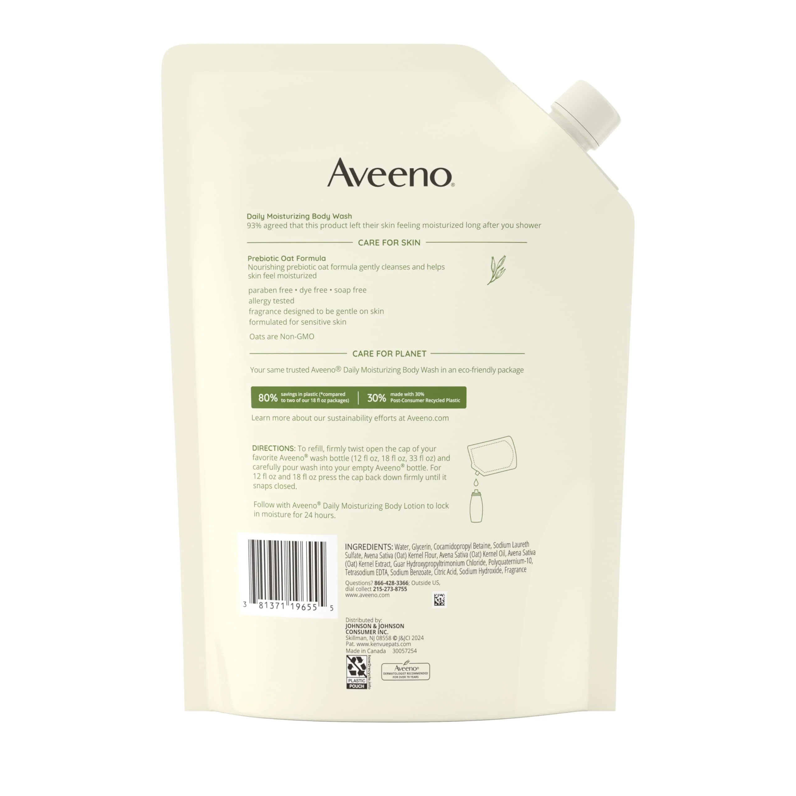Aveeno Daily Moisturizing Body Wash for Sensitive Skin + Prebiotic Oat, Gently Cleanses, Nourishes & Feels Moisturizing Dry Skin, Light Fragrance, Refill Pouch, 36 fl. oz - Image 2