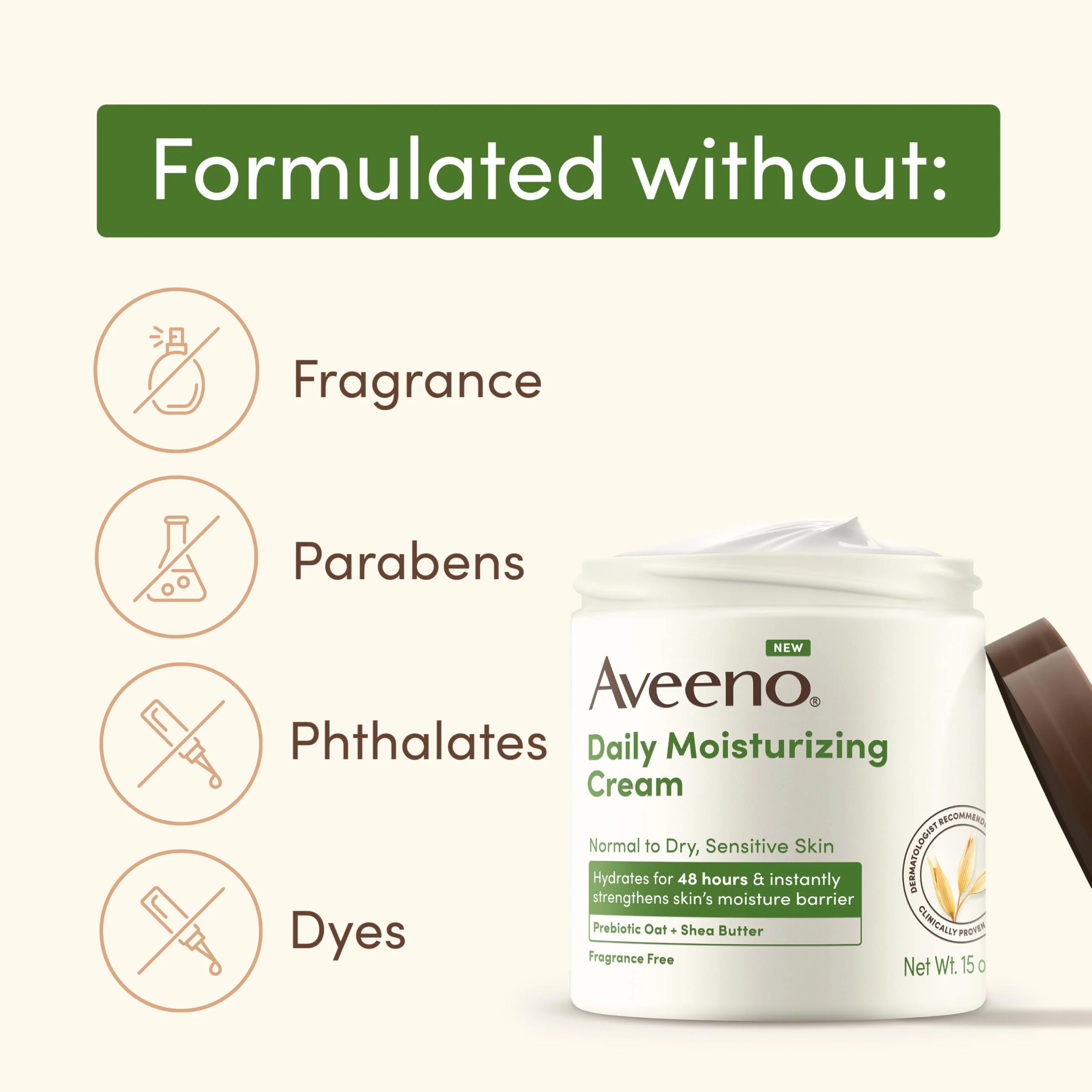 Aveeno Daily Moisturizing Cream with Prebiotic Oat & Shea Butter for Body, Face & Hands Moisturizer Cream, Hydrates Normal to Dry, Sensitive Skin, Fragrance Free, Non-Comedogenic, 20 oz - Image 4