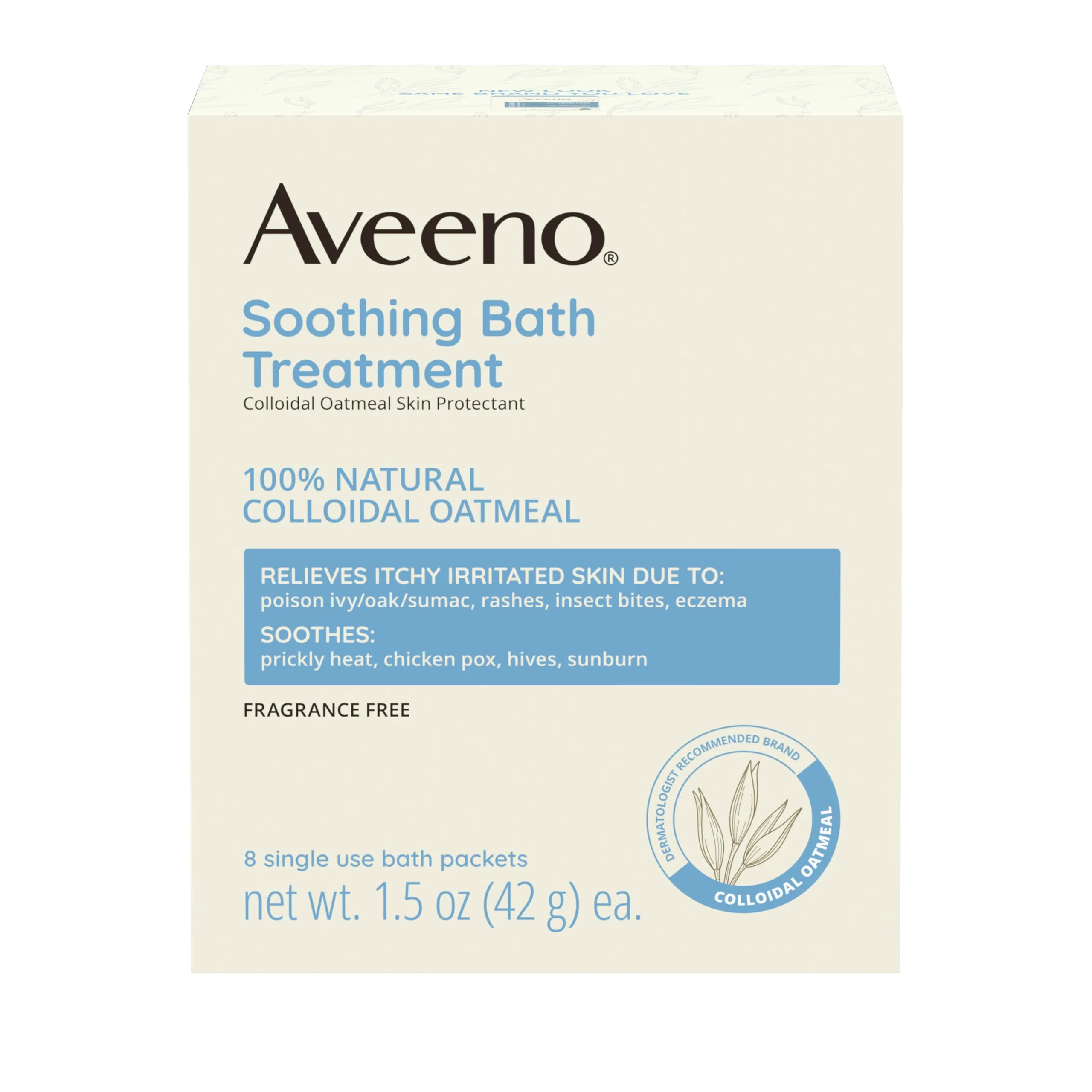Aveeno Fragrance-Free Soothing Bath Treatment & Soak for Soothing Relief, 100% Natural Colloidal Oatmeal, Relieves Itchy, Irritated Skin Due to Eczema, 8 Single-Use Bath Packets